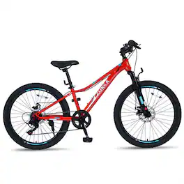 HTUTWOO - Mountain Bike for Kids 24" -6-Speed Steel Bicycle with Suspension Fork,Front and Rear Disc Brakes,Height-Adjustable Seat - Red