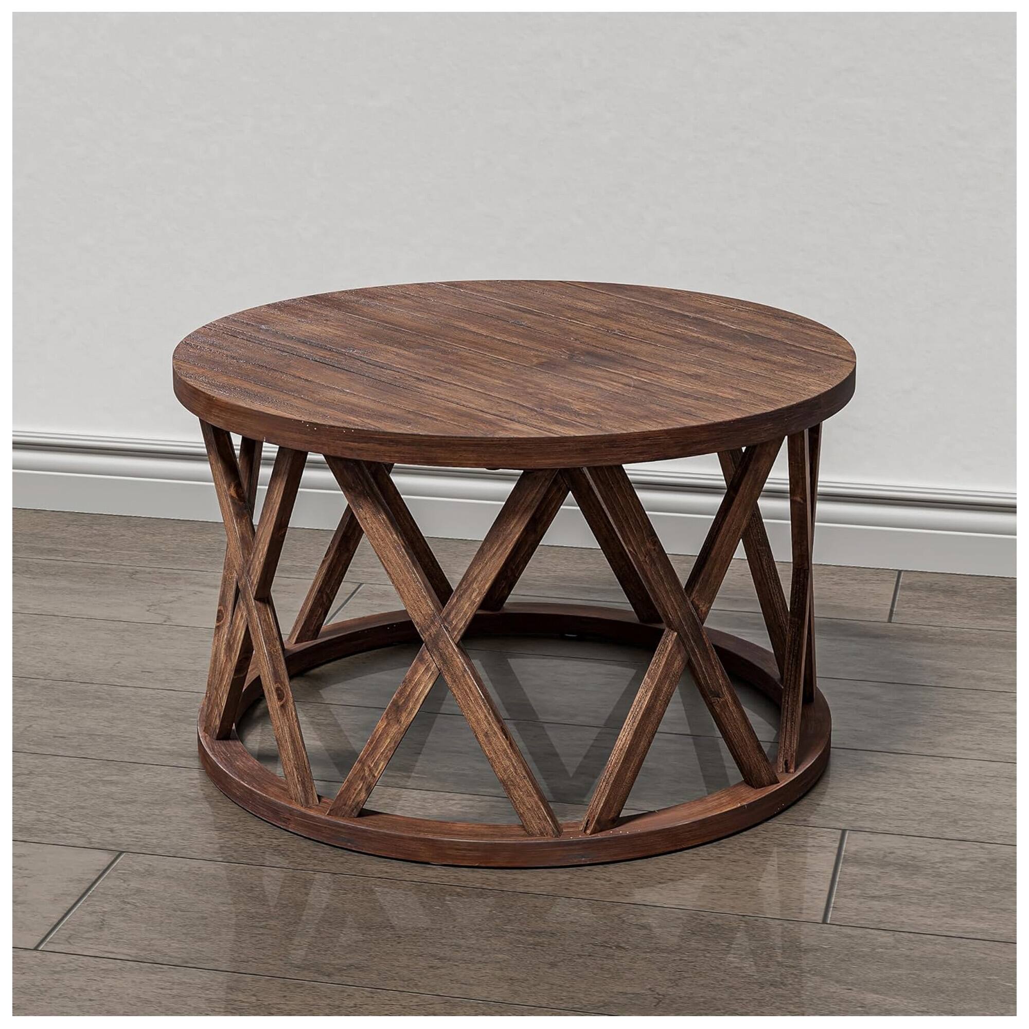 Alt View 8. COZAYH - COZAYH Rustic Round Coffee Table with X-Motif Base for Living Room, Brown - Brown.