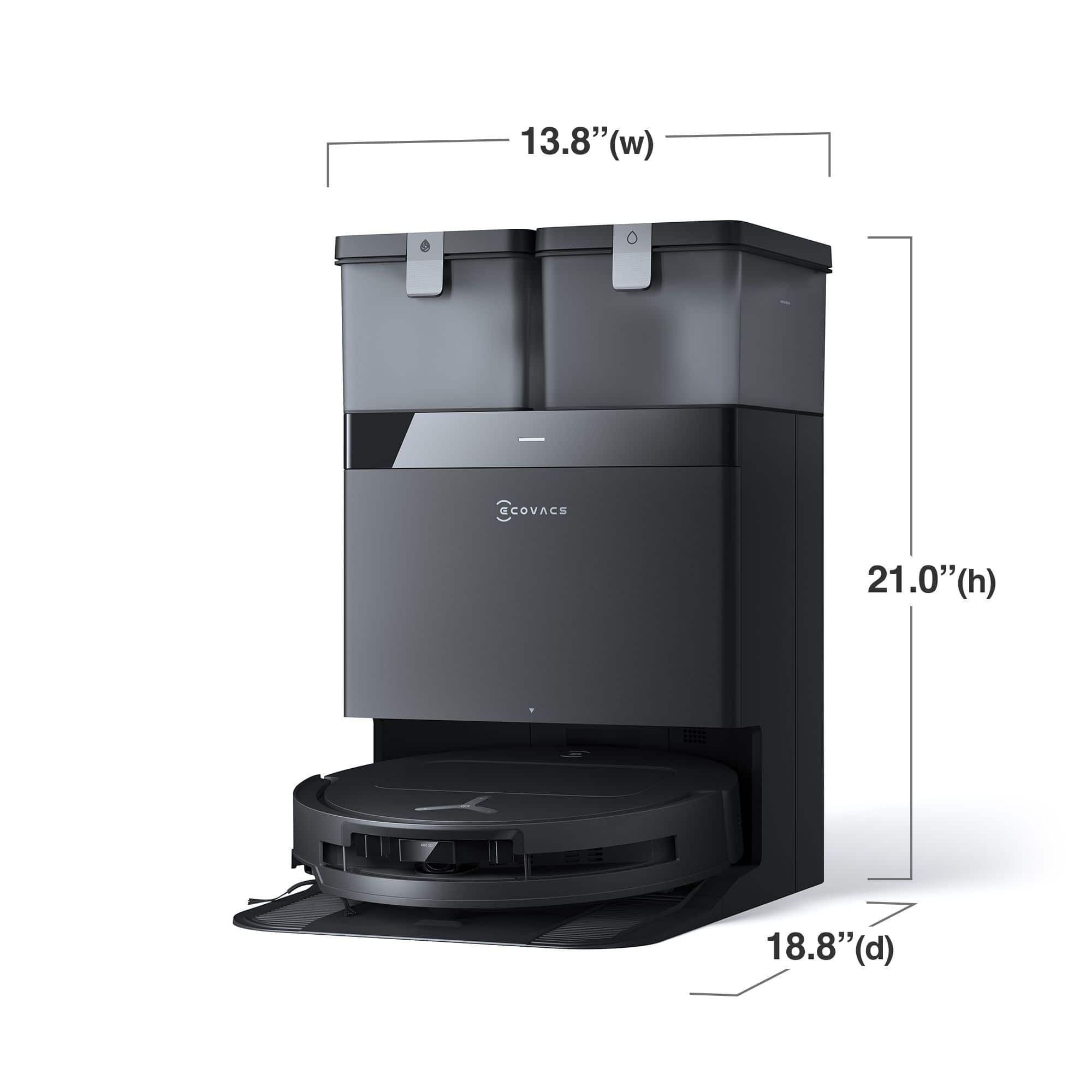 The text on the image reads: "13.8"(w) (w) ECOVACS 21.0"(h) (h) 18.8"(d) (d)". This text describes the dimensions of the Ecovacs robotic vacuum cleaner. The dimensions are: 13.8 inches wide, 21.0 inches high, and 18.8 inches deep.