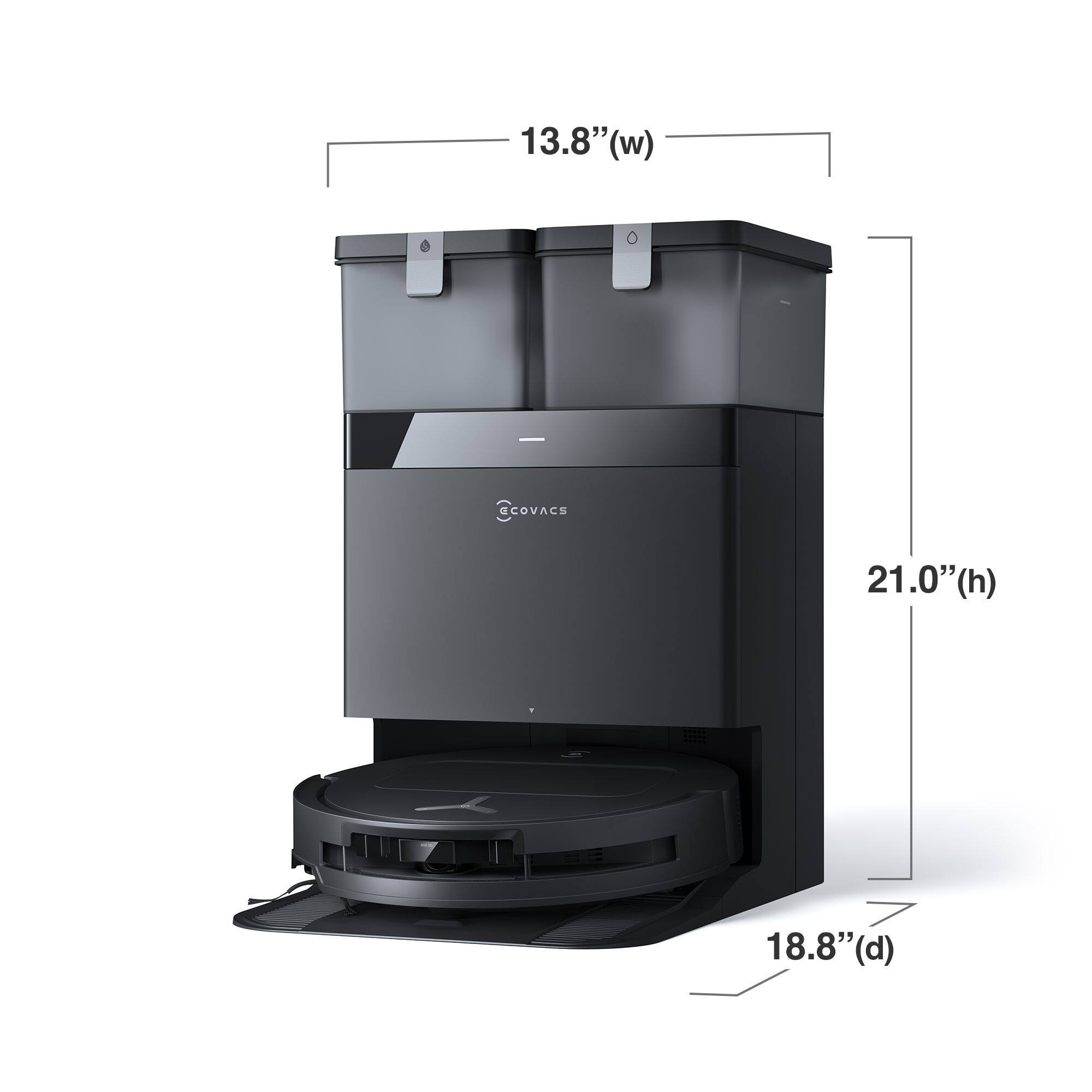 The text on the image reads: "13.8"(w) (w) ECOVACS 21.0"(h) (h) 18.8"(d) (d)". This text describes the dimensions of the Ecovacs robotic vacuum cleaner. The dimensions are: 13.8 inches wide, 21.0 inches high, and 18.8 inches deep.