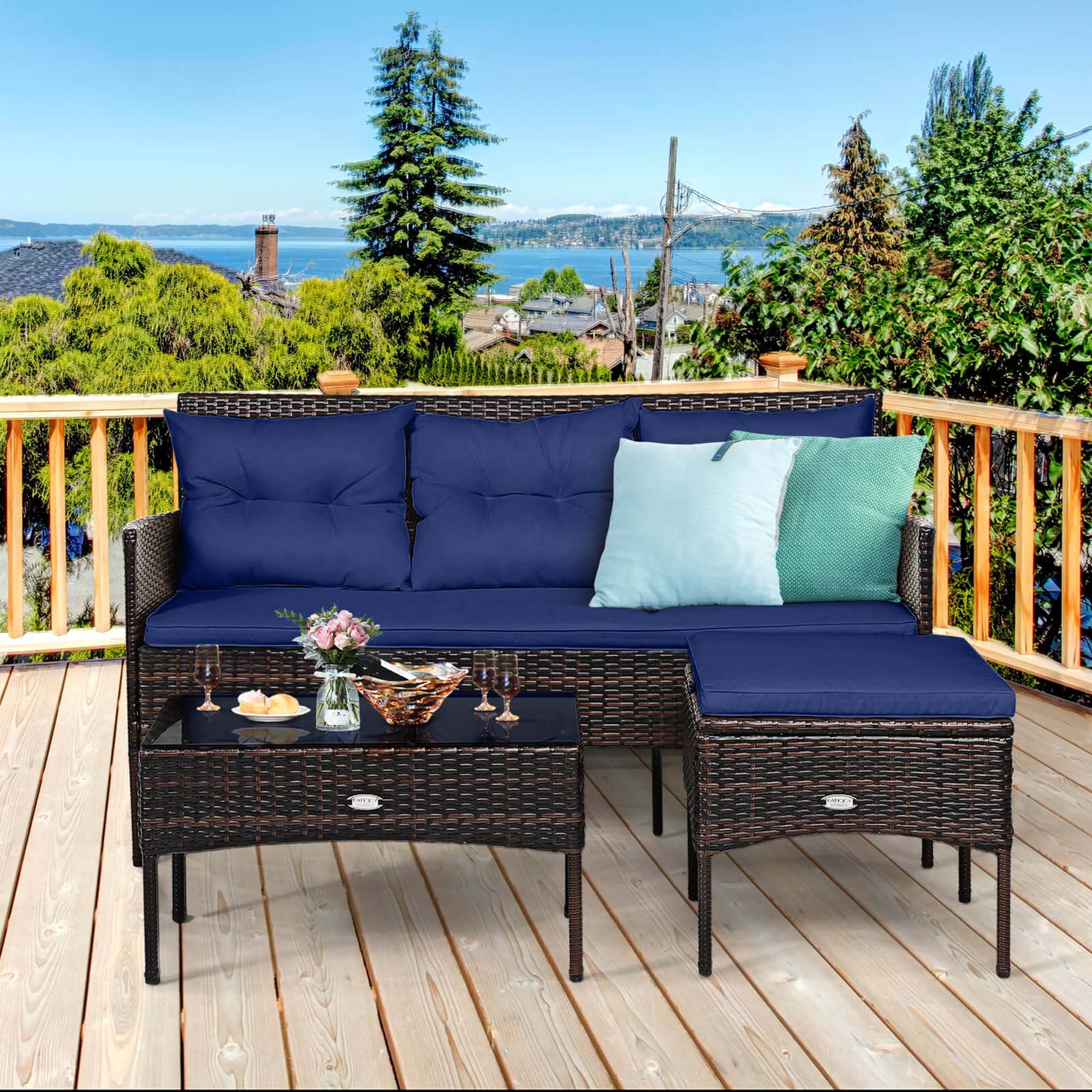 Alt View 3. Costway - 3PCS Patio Rattan Furniture Set 3-Seat Sofa Cushioned Table Garden - Mix Brown,Navy.
