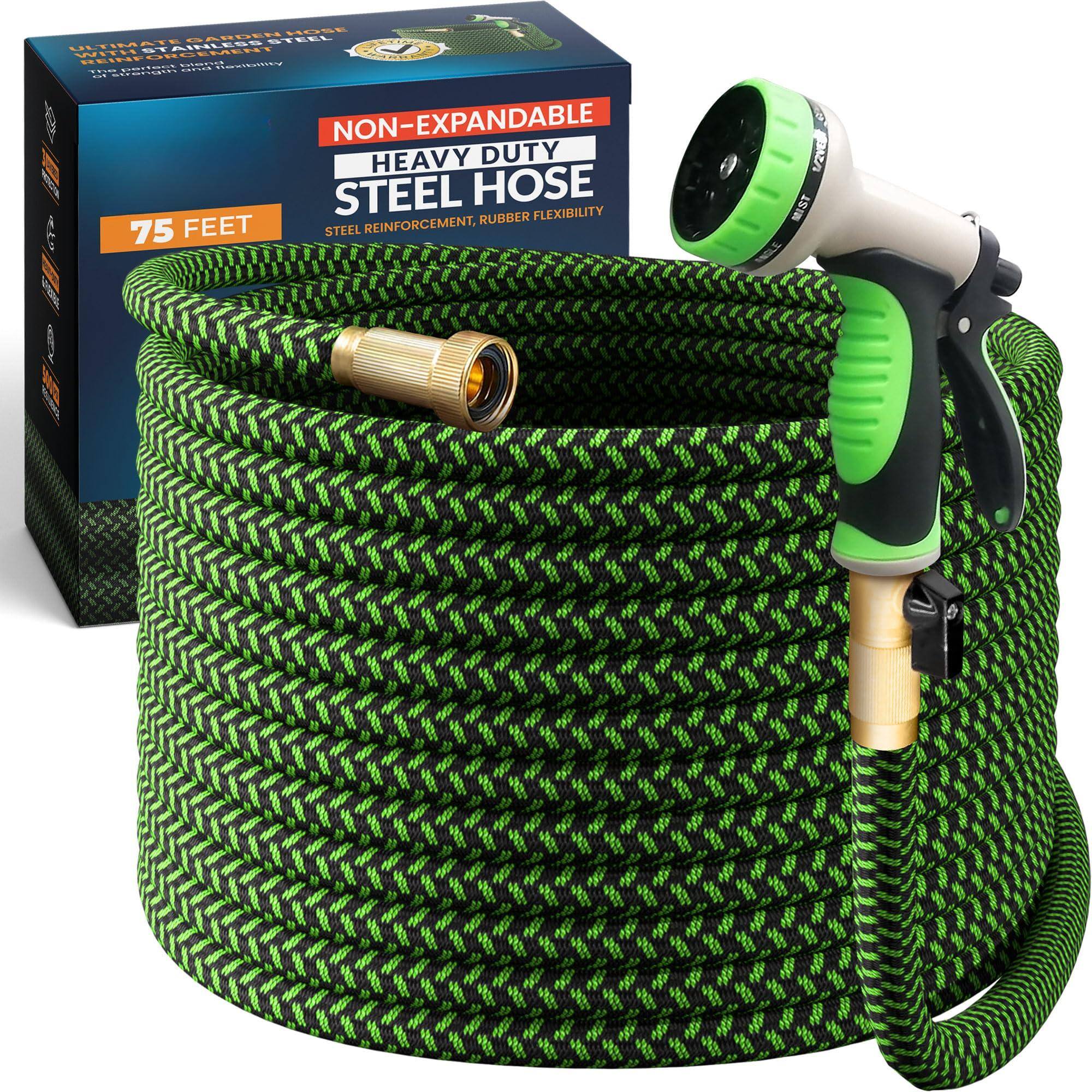 118SE SARDER STEEL ULTIMATE S WITI FEEMEN FEITIF CCE Caustue: Dotioas

NON-EXPANDABLE HEAVY DUTY STEEL HOSE
75 FEET
STEEL REINFORCEMENT, RUBBER FLEXIBILITY