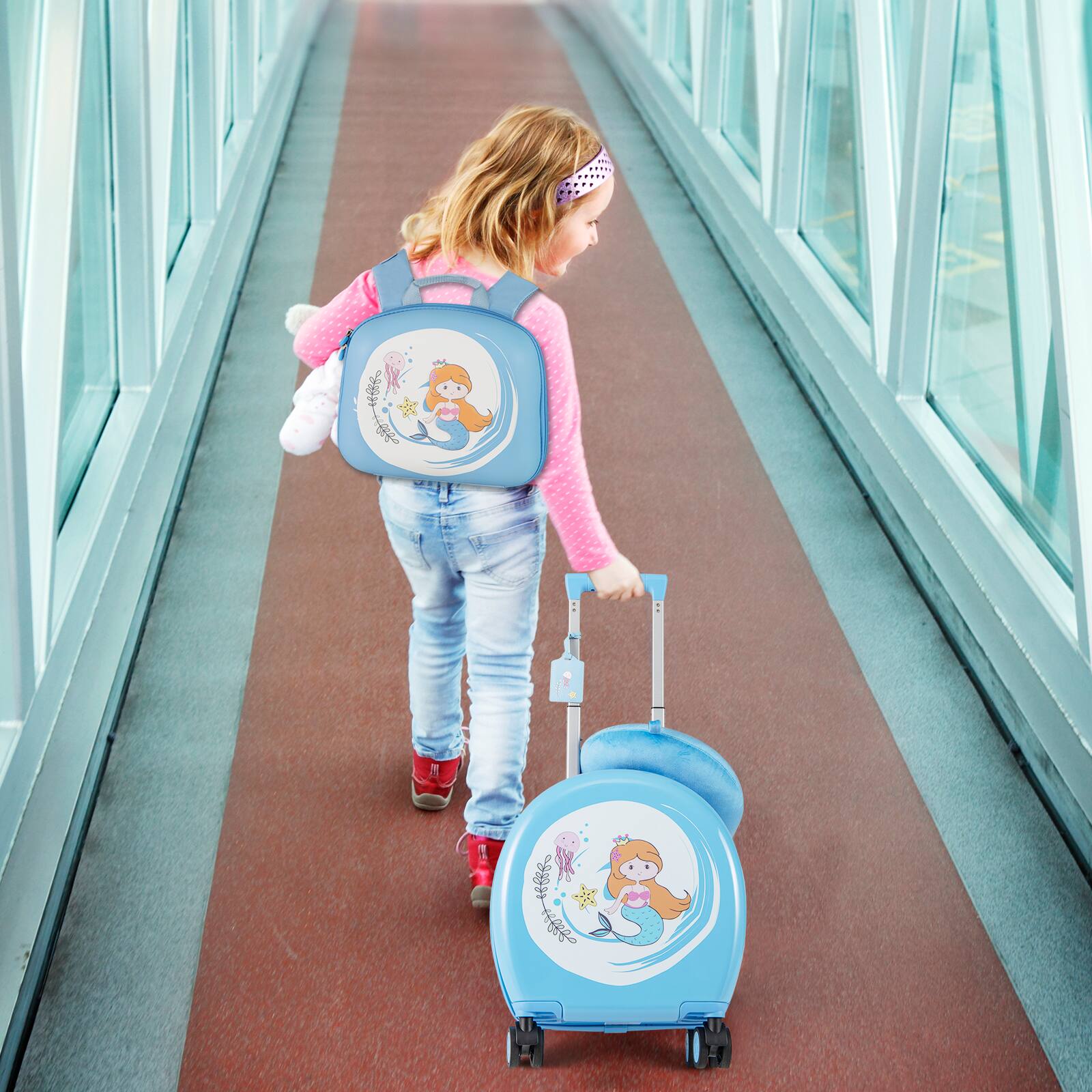 Alt View 1. Costway - Costway 4-Piece Kid's Luggage Set w/ 14" Carry-on Hardside Spinner Toddler Luggage - Blue+White.