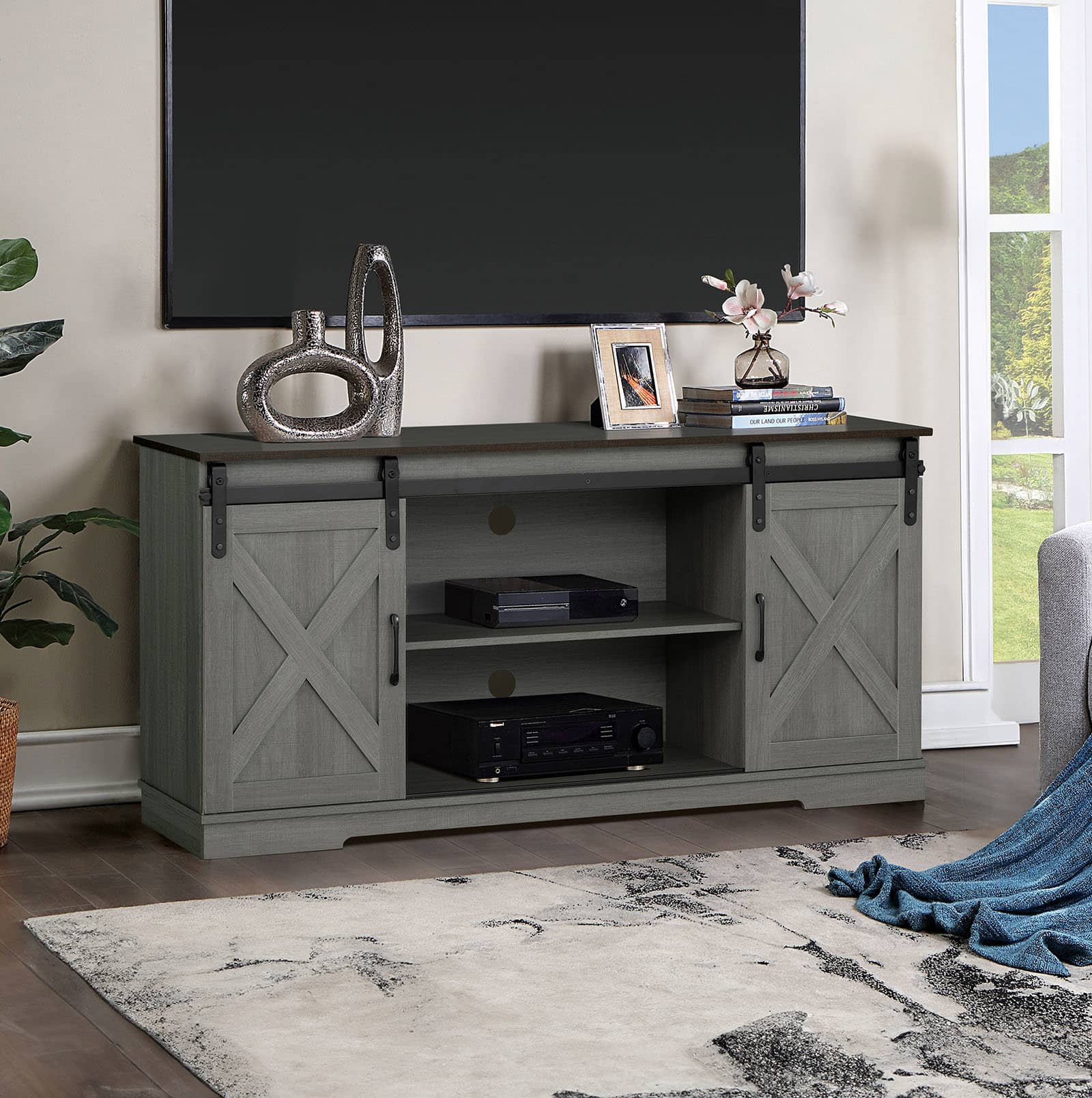 Spaco - Rustic Farmhouse TV Stand, Entertainment Center Media Console with Sliding Drawer Doors, for Living Room - Brown+Gray