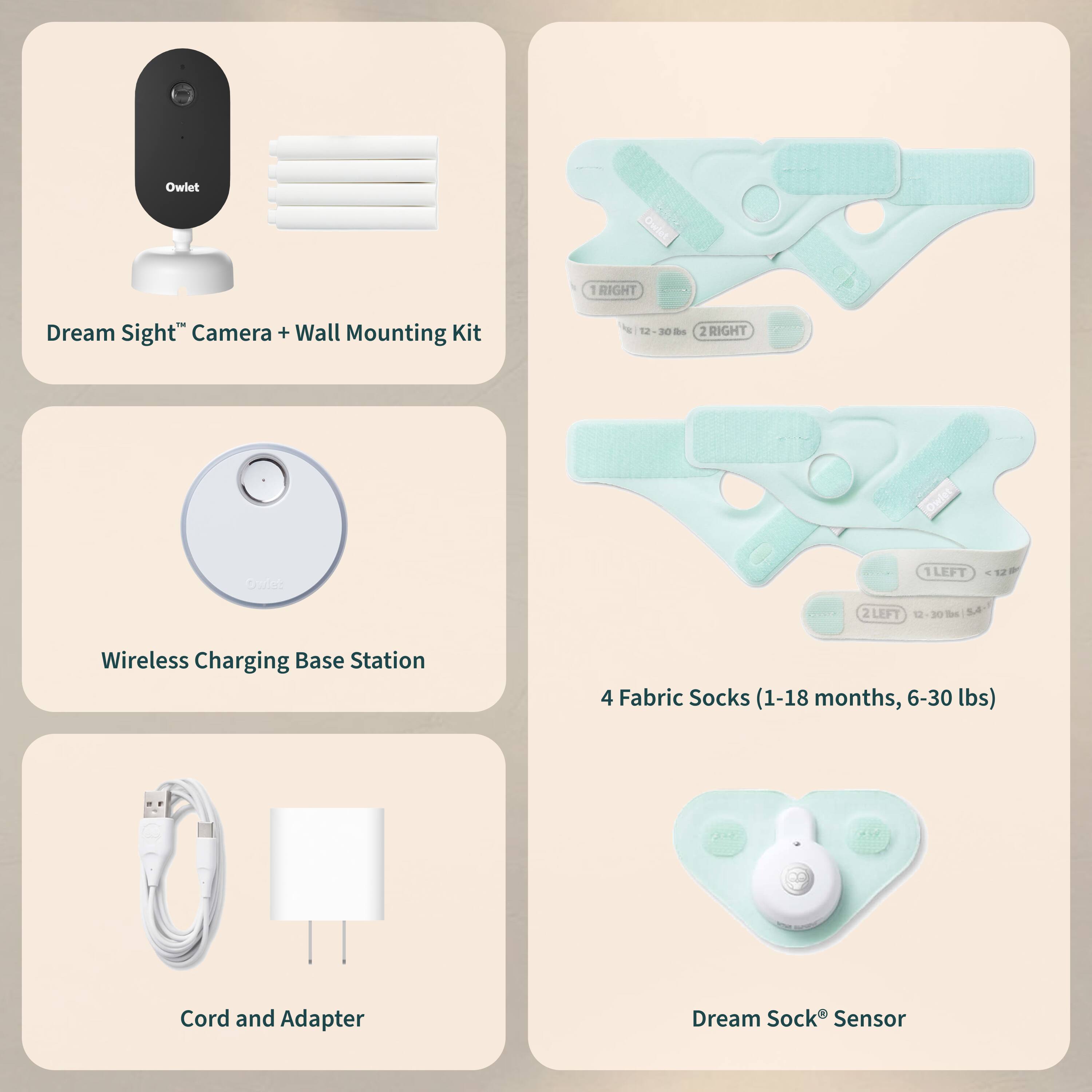 - Dream Sight™ Camera + Wall Mounting Kit
- Wireless Charging Base Station
- Cord and Adapter
- 4 Fabric Socks (1-18 months, 6-30 lbs)
- Dream Sock® Sensor