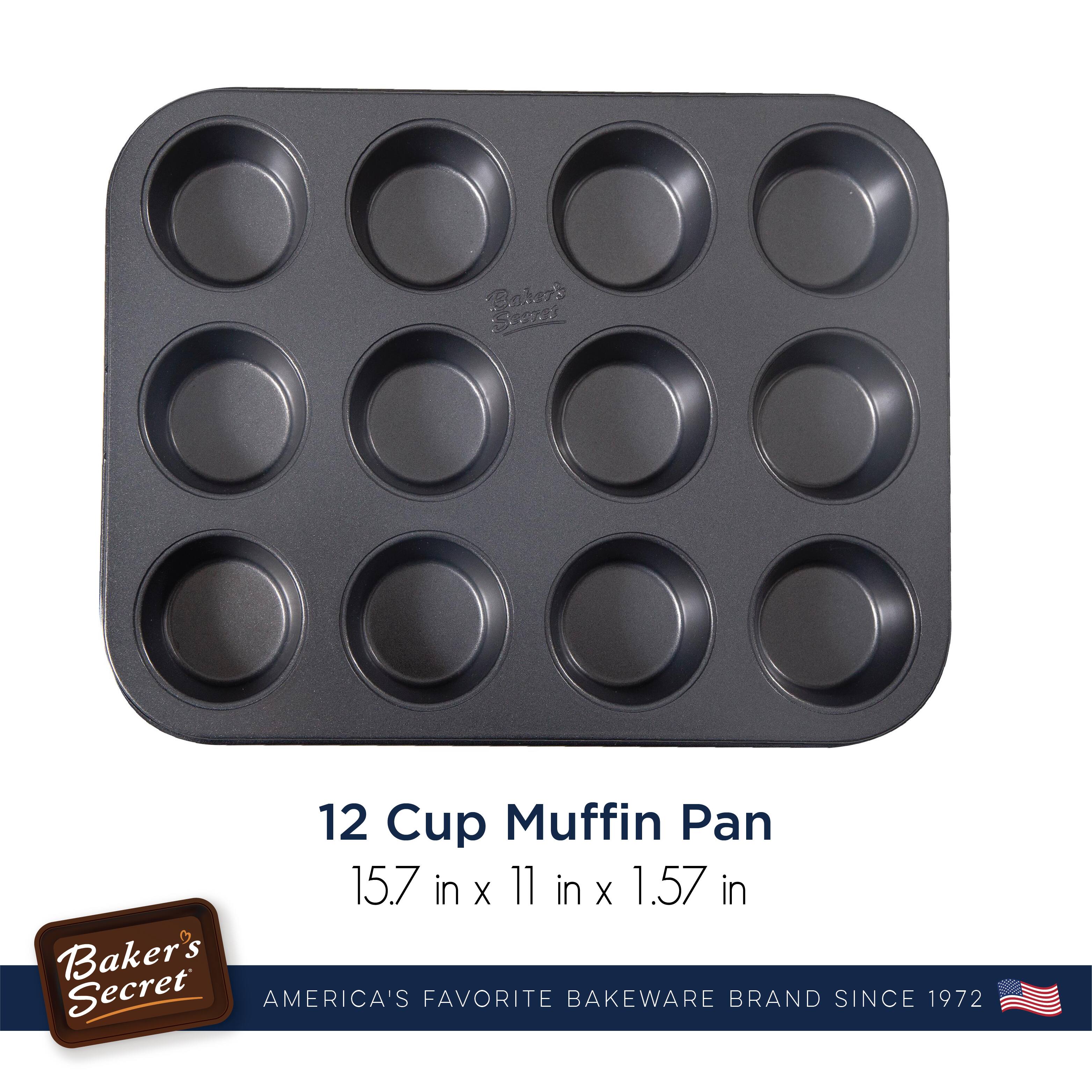 12 Cup Muffin Pan  
15.7 in x 11 in x 1.57 in  

Baker's Secret  
AMERICA'S FAVORITE BAKEWARE BRAND SINCE 1972