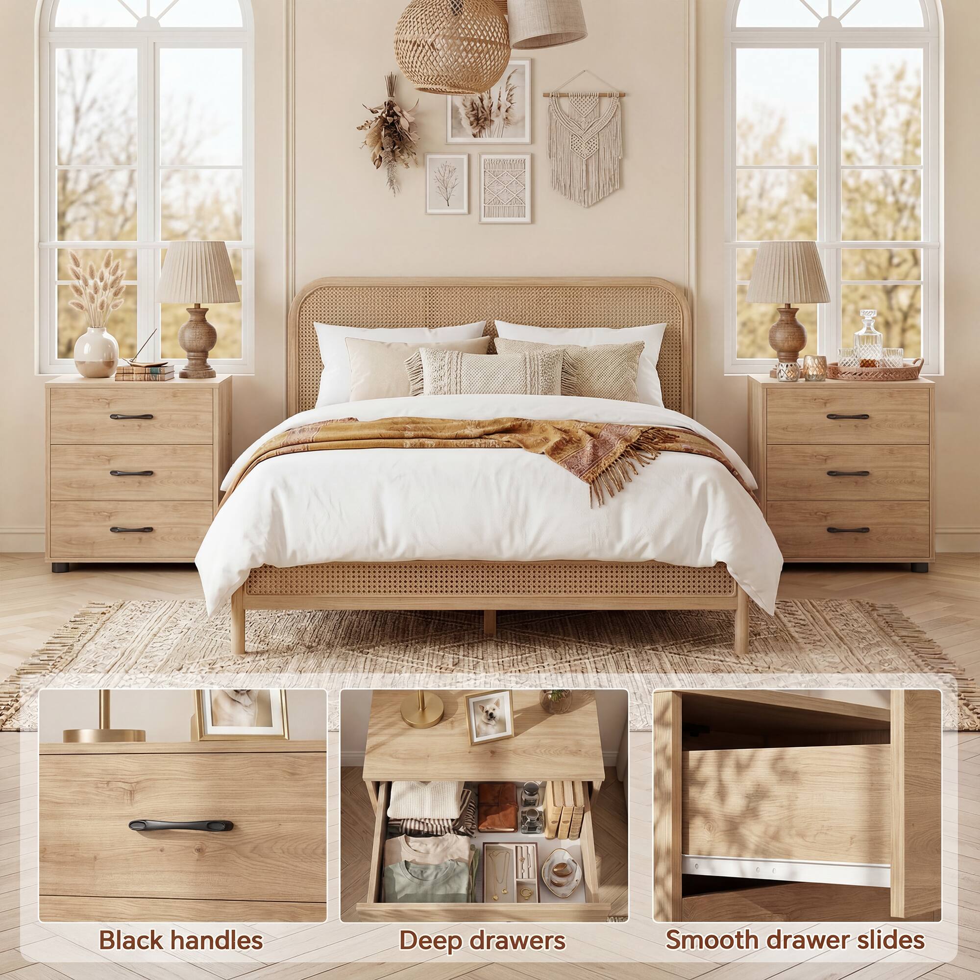 Black handles  
Deep drawers  
Smooth drawer slides