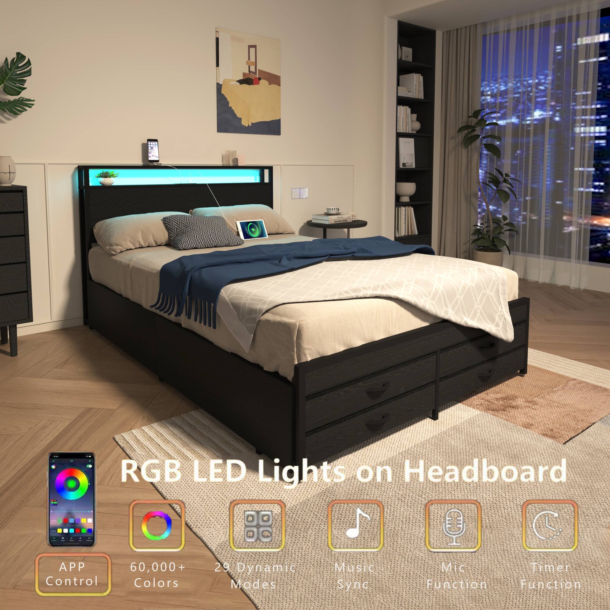 RGB LED Lights on Headboard  
APP Control  
60,000+ Colors  
29 Dynamic Modes  
Music Sync  
Mic Function  
Timer Function