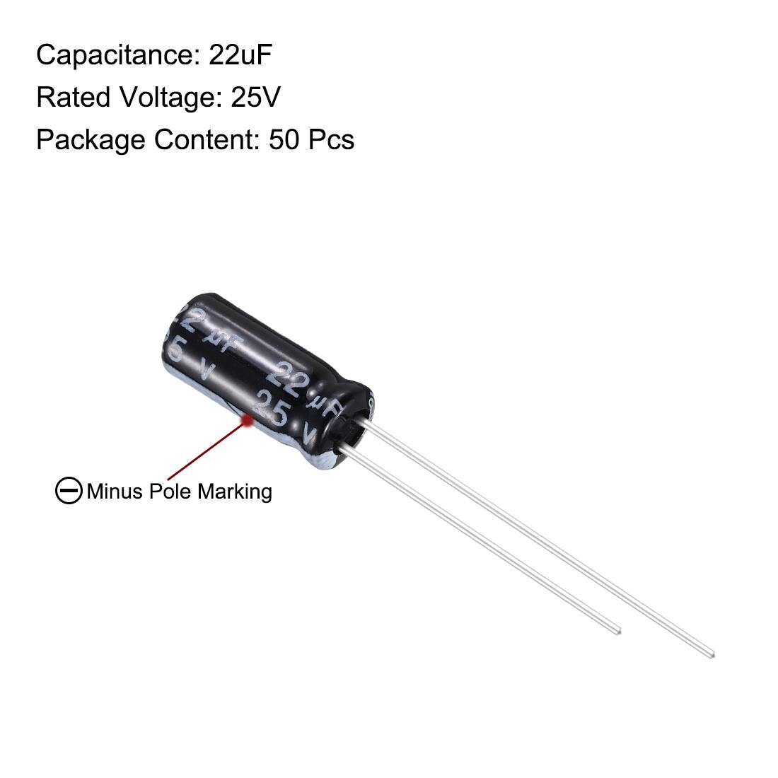 Capacitance: 22uF  
Rated Voltage: 25V  
Package Content: 50 Pcs  

Minus Pole Marking