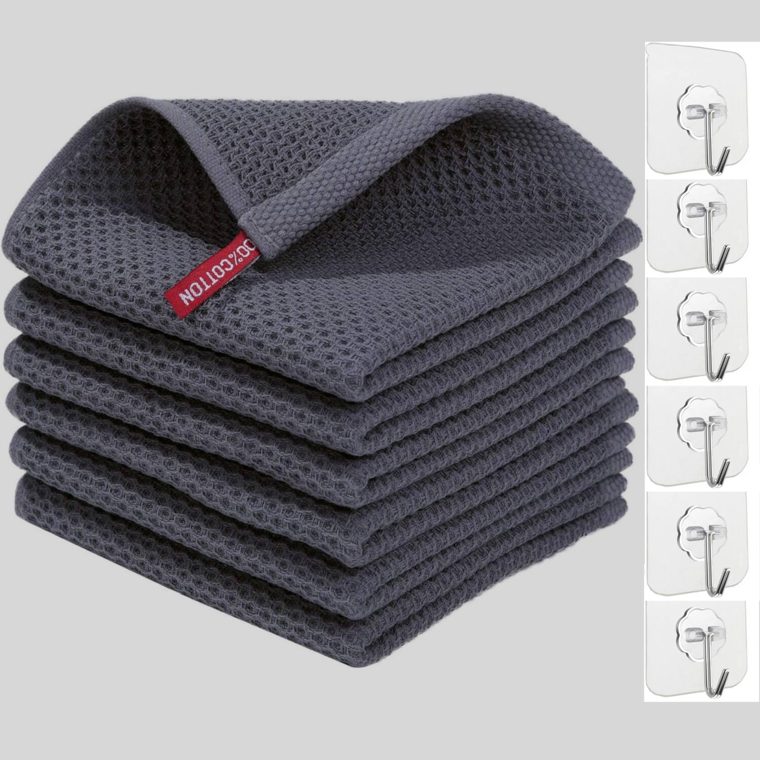 Front. Giantpower - 6-Pack 100% Cotton Waffle Weave Kitchen Dish Cloths 12 x 12 Inches, with 6pcs Adhesive Hooks, Quick Drying Dish Towels - Dark Grey.