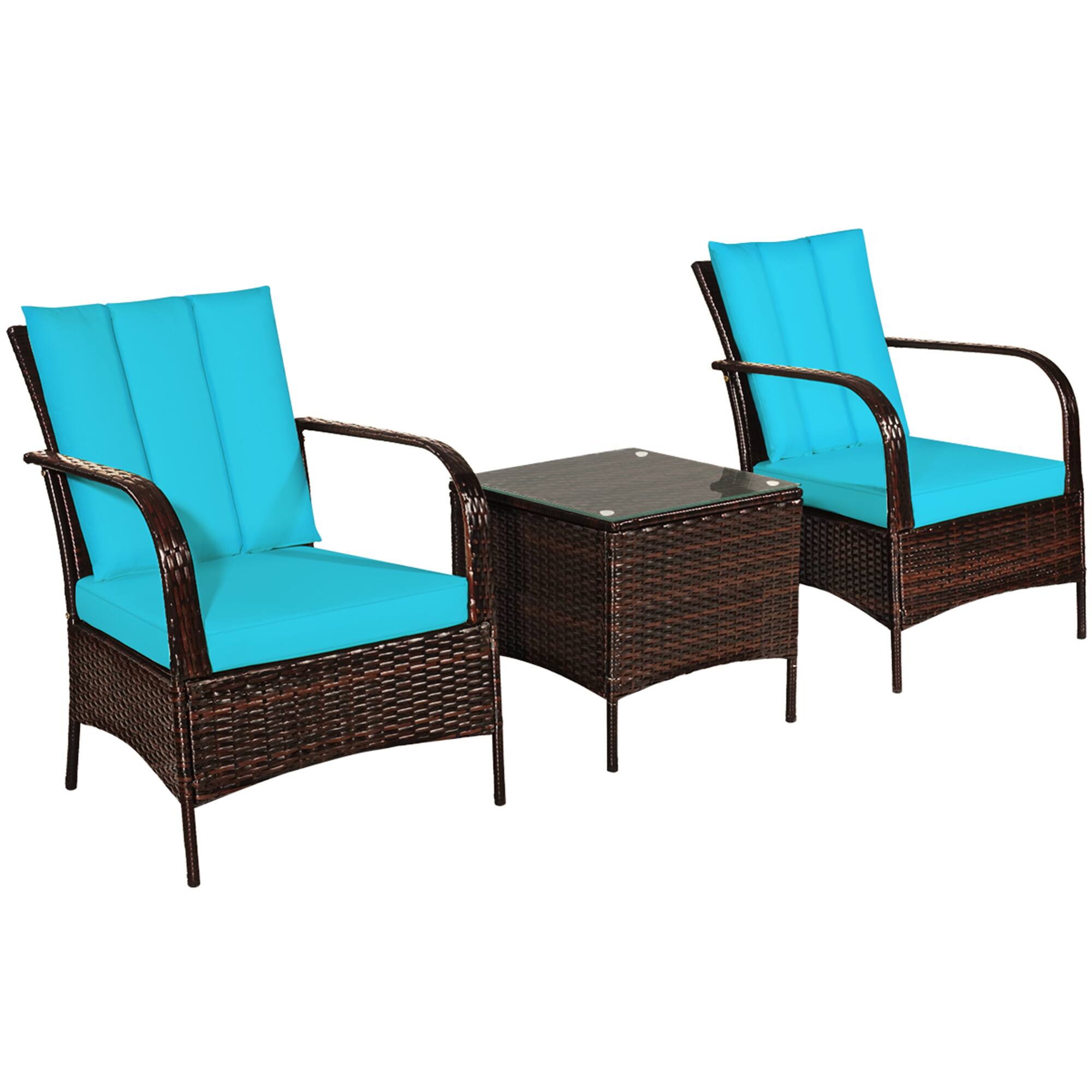 Alt View 3. Gymax - Gymax 3PCS Patio Rattan Conversation Set Outdoor Furniture Set w/ Turquoise Cushion - Turquoise.