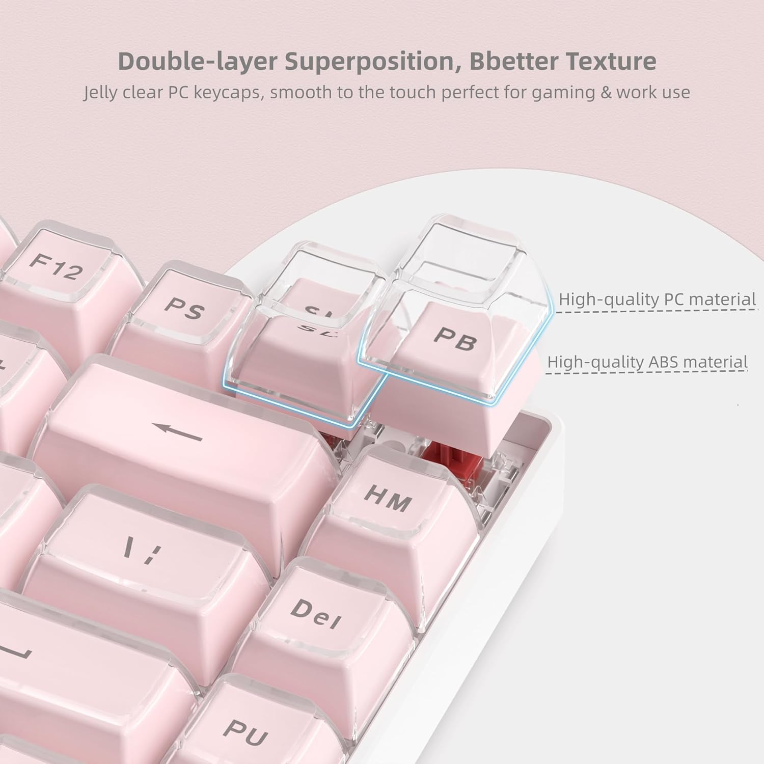 Double-layer Superposition, Better Texture  
Jelly clear PC keycaps, smooth to the touch perfect for gaming & work use  

High-quality PC material  
High-quality ABS material