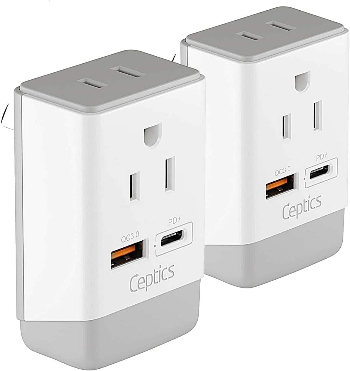 Ceptics - Australia China New Zealand Power Plug Adapter 2 Pack, QC 3.0 & PD, Safe Dual USB & USB-C - White