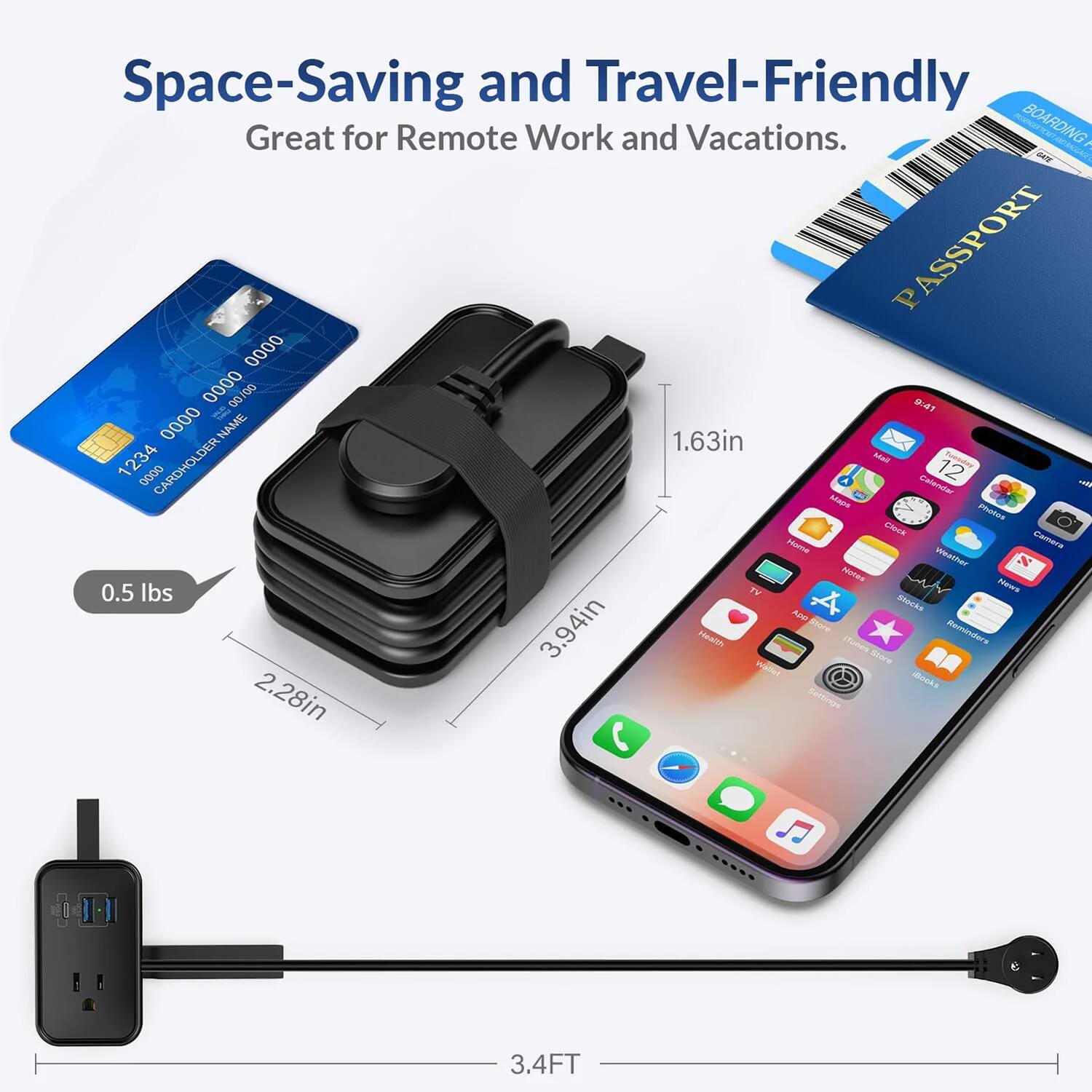 Space-Saving and Travel-Friendly  
Great for Remote Work and Vacations.

BOARDING PASSPORT  
0000 0000 00/00  
47 0000  
CARDHOLDER NAME  
1234  
GP  
1.63in  
0.5 lbs  
2.28in  
3.94in  
3.4FT