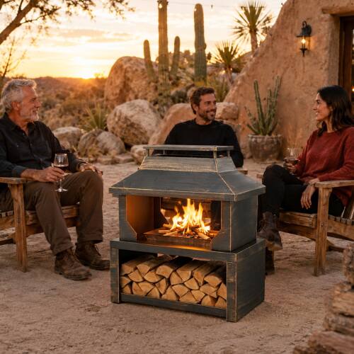 Alt View 7. Winado - 32in Metal Fire Pit Stove, Wood Burning Firepit with Wood Storage, Chimney, Fire Poker for Outdoor Patio Backyard Party - Bronze.
