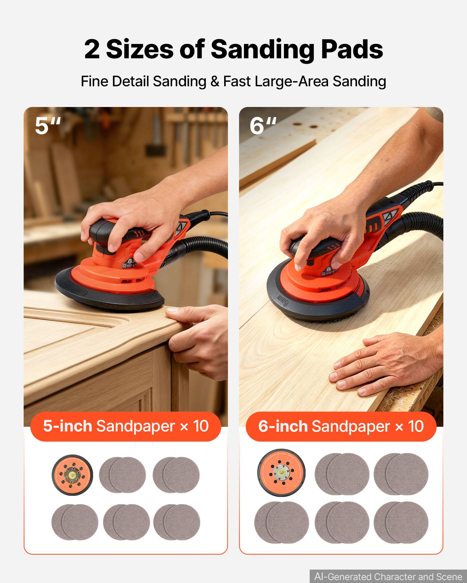 2 Sizes of Sanding Pads  
Fine Detail Sanding & Fast Large-Area Sanding  

5"  
5-inch Sandpaper x 10  

6"  
6-inch Sandpaper x 10  

AI-Generated Character and Scene