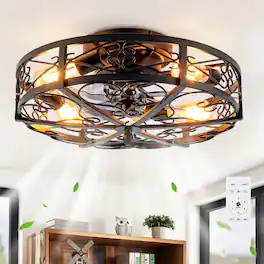LUCKY ONE - 20" Caged Ceiling Fan with Light Remote 6-Speed DC Motor Timer - Matte Black