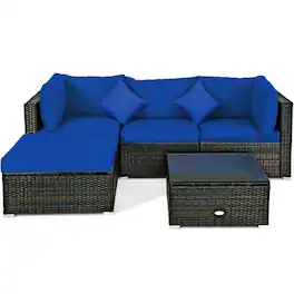 Pefilos - 5 Pcs Outdoor Patio PE Rattan Furniture Set Sectional Conversation with Navy Cushions-Navy - Blue
