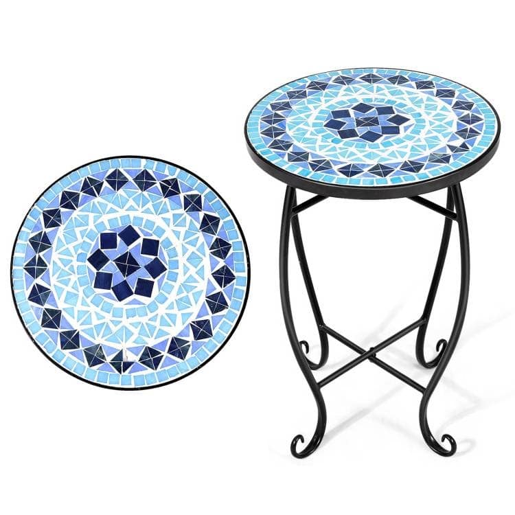 Hivvago - Indoor/Outdoor Mosaic Round Side Accent Table Plant Stand - Blue