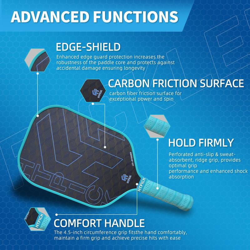 **ADVANCED FUNCTIONS**

- **EDGE-SHIELD**  
  Enhanced edge guard protection increases the robustness of the paddle core and protects against accidental damage, ensuring longevity.

- **CARBON FRICTION SURFACE**  
  Carbon fiber friction surface for exceptional power and spin.

- **HOLD FIRMLY**  
  Perforated anti-slip & sweat-absorbent, ridge grip, provides optimal grip performance and enhanced shock absorption.

- **COMFORT HANDLE**  
  The 4.5-inch circumference grip fits the hand comfortably, maintain a firm grip and achieve precise hits with ease.
