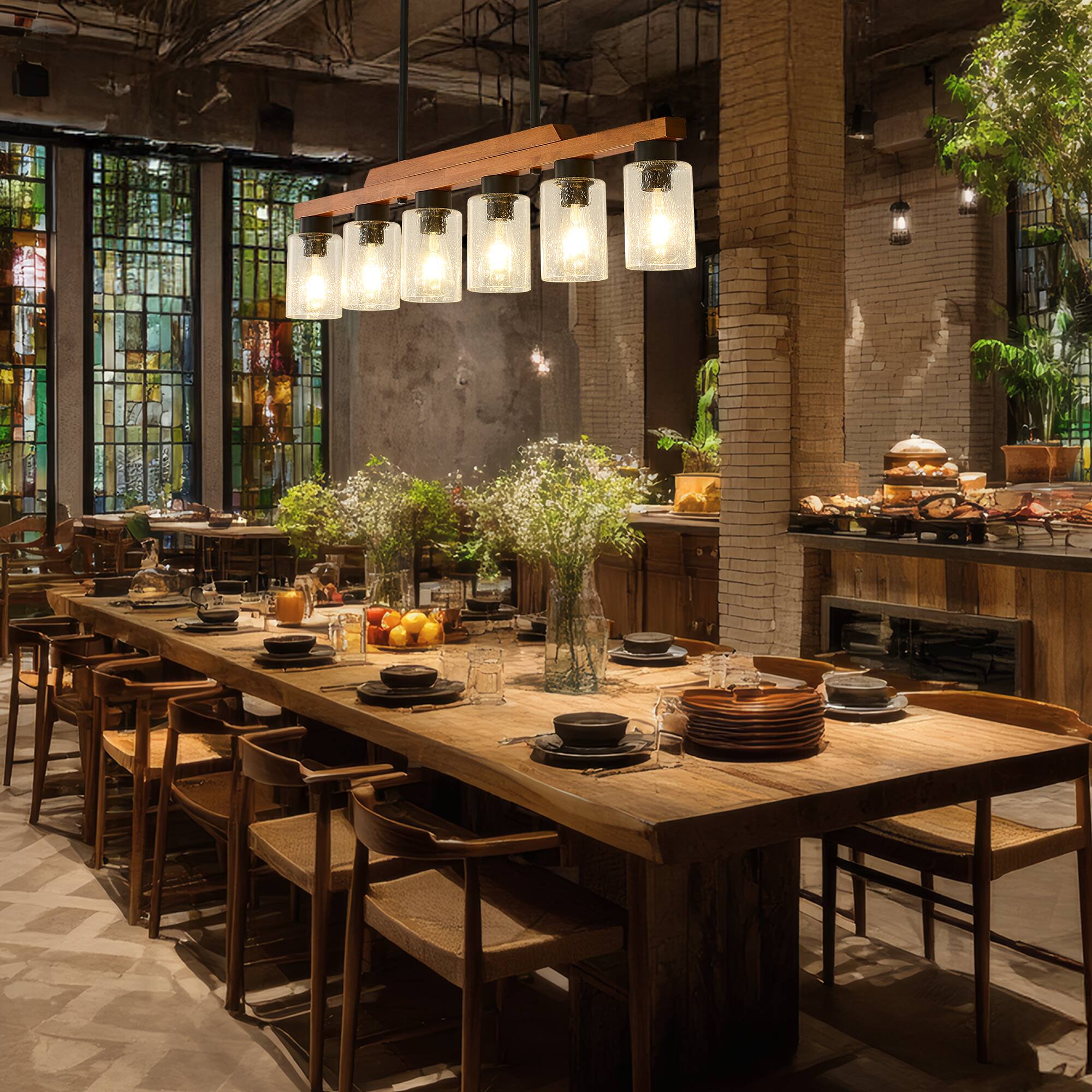 Back. RYHNUYNE - 6-Light Rustic Chandelier 43 Inch Wood Linear Pendant Light with Seed Glass Shades Adjustable Farmhouse Island Lighting.