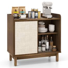 Gymax - Rattan Buffet Sideboard w/ Adjustable Shelves Storage Cabinet &Sliding Door - Walnut, Beige