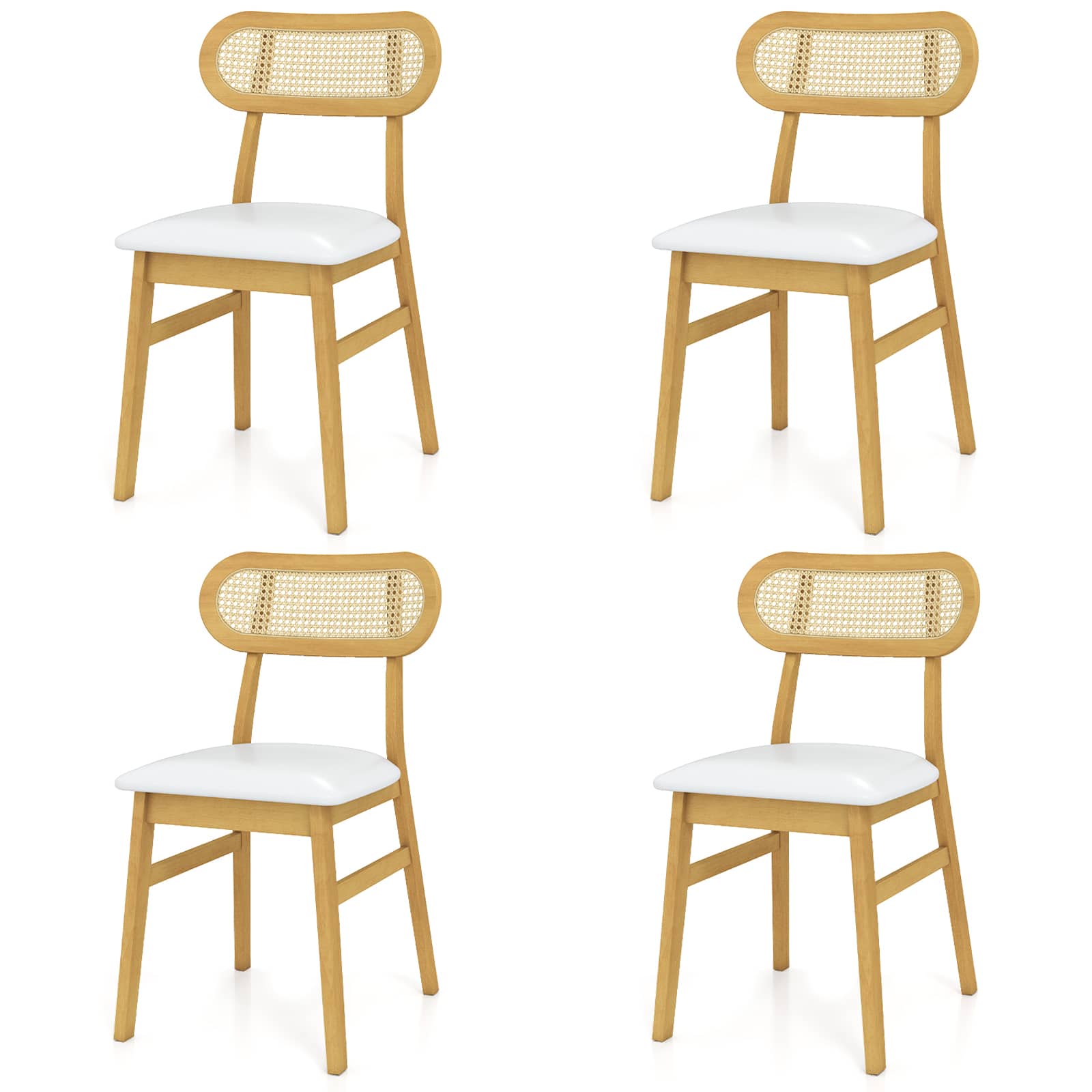 Costway - Wood Dining Chairs Set of 4 with Padded Seat & Faux Leather Cover for Kitchen - Natural+White