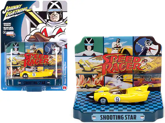 Sure, here is the corrected and grouped text from the image:
---
**JOHNNY LIGHTNING**
- COLLECTIBLE
- TIN DISPLAY
- DIE-CAST METAL BODY & CHASSIS
- SILVER SCREEN MACINTOSH
**SPEED RACER**
**SHOOTING STAR**
Release 4
**SPEED RACER**
**SHOOTING STAR**
6+
---
This text is organized to reflect the information presented on the packaging and display of the toy.