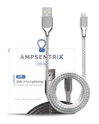 X AMPSENTRIX infinity 3 ft USB-A to Lightning Fast charging / high-speed data transfer www.ampsentrrix.com