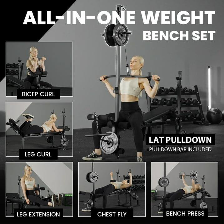 ALL-IN-ONE WEIGHT BENCH SET

BICEP CURL
LEG CURL
LAT PULLDOWN PULLDOWN BAR INCLUDED
LEG EXTENSION
CHEST FLY
BENCH PRESS