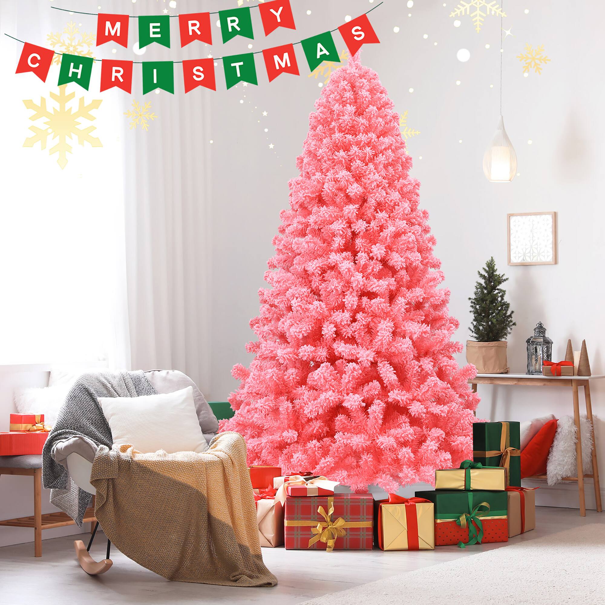 Alt View 14. Costway - 7.5ft Snow Flocked Hinged Artificial Christmas Tree with Metal Stand - Pink.