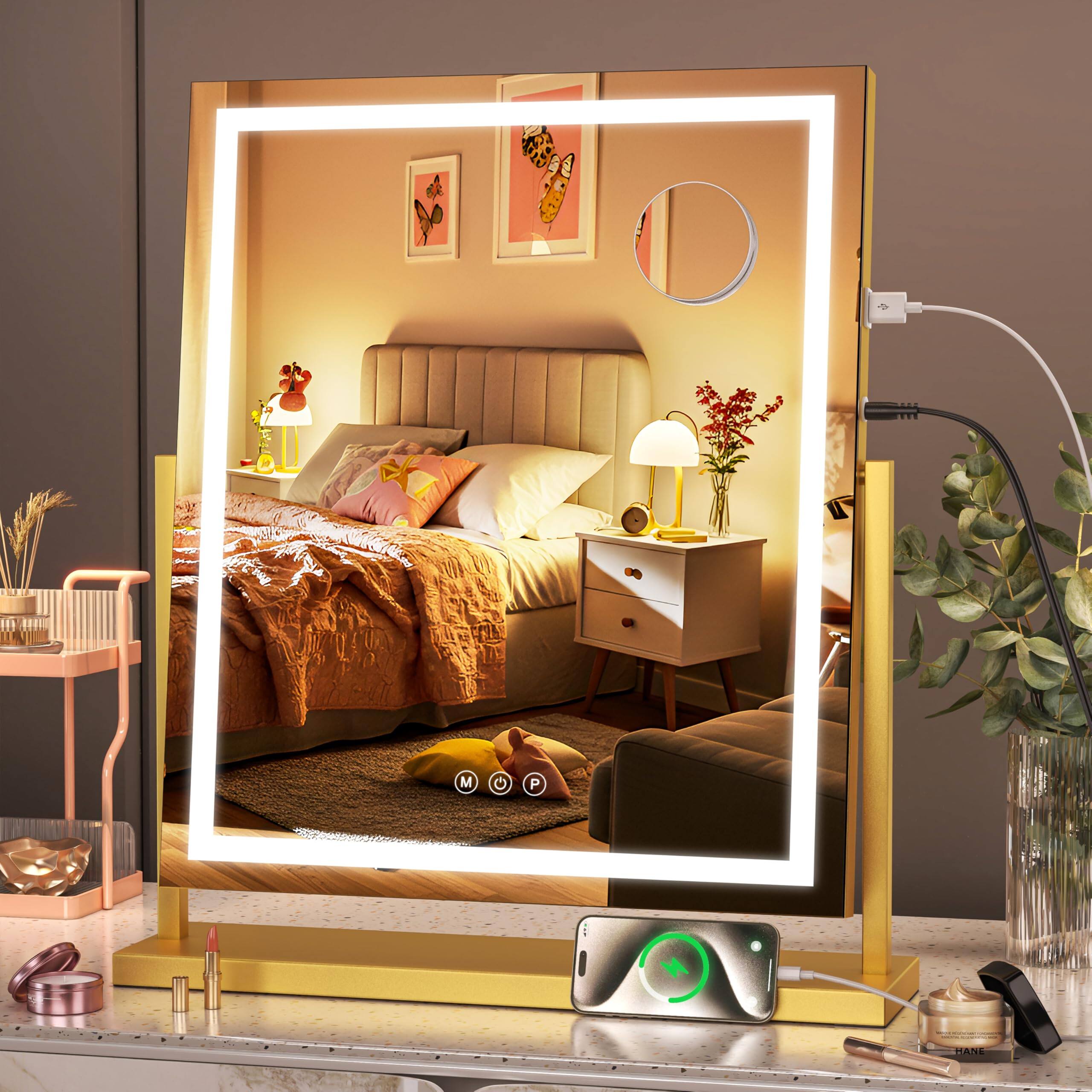 Front. Pacoar Cade - Vanity Mirror With Lights Light Up Smart Touch Color Modes And Brightness Adjustment Magnifying ° Rotation - Gold-17"L x 22"W.