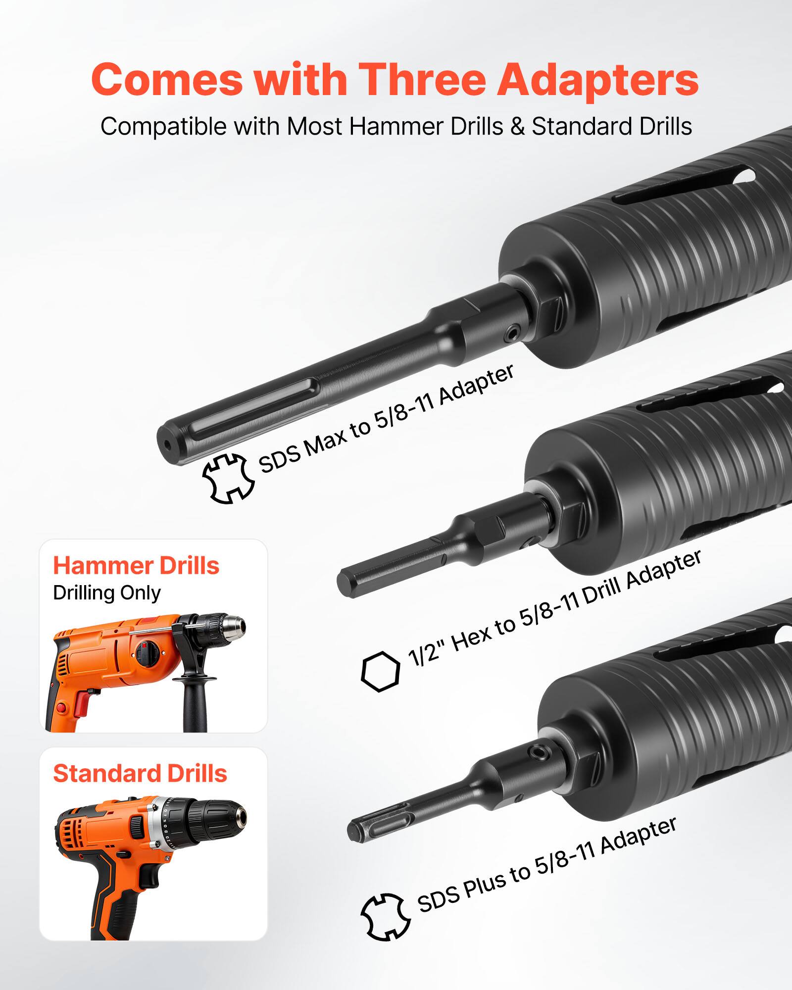 Comes with Three Adapters  
Compatible with Most Hammer Drills & Standard Drills  

- SDS Max to 5/8-11 Adapter  
- 1/2" Hex to 5/8-11 Drill Adapter  
- SDS Plus to 5/8-11 Adapter  

Hammer Drills  
Drilling Only  

Standard Drills