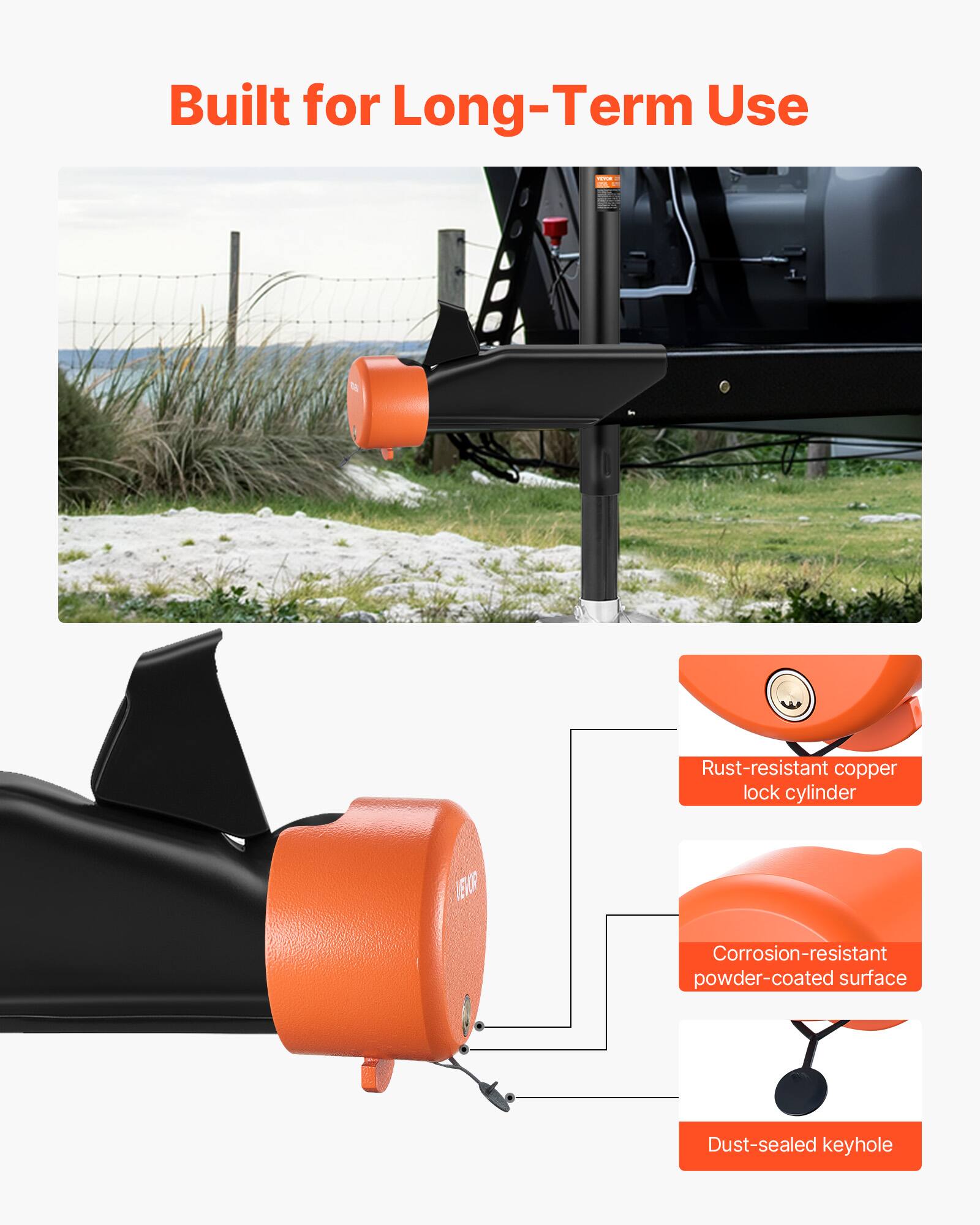 Built for Long-Term Use

- Rust-resistant copper lock cylinder
- Corrosion-resistant powder-coated surface
- Dust-sealed keyhole