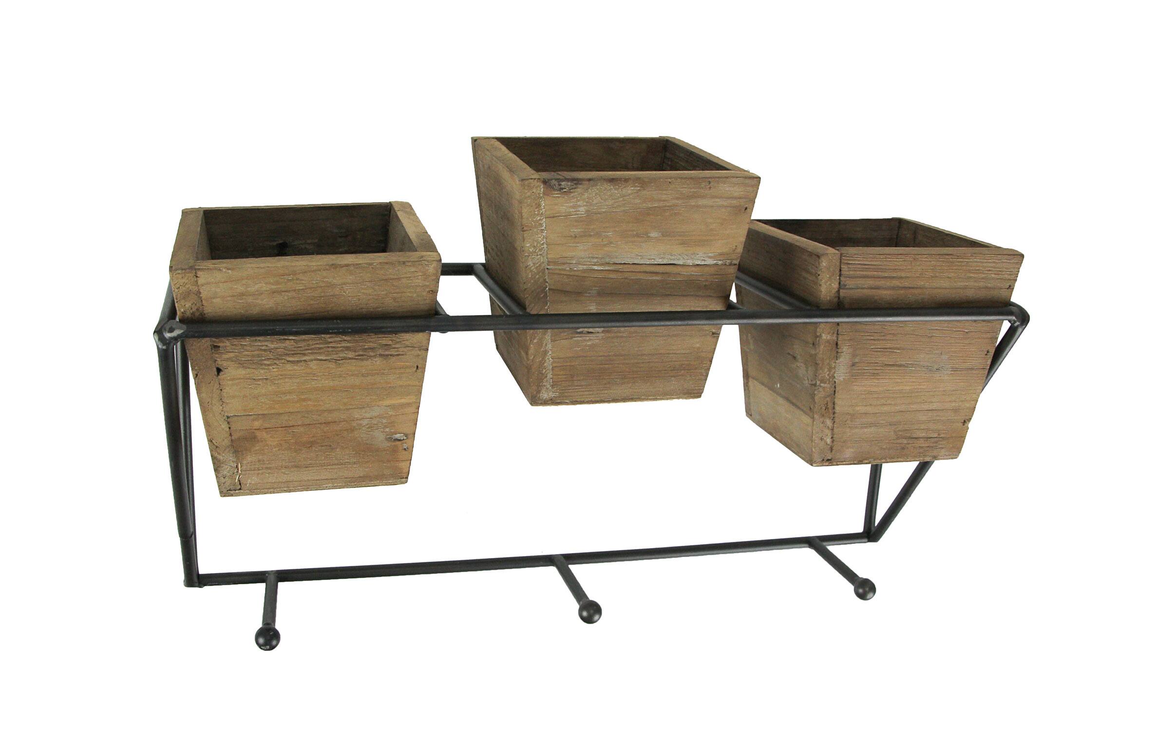 Front. Things2Die4 - Wood and Wrought Iron Triple Planter Wall Hook Rack - Brown.