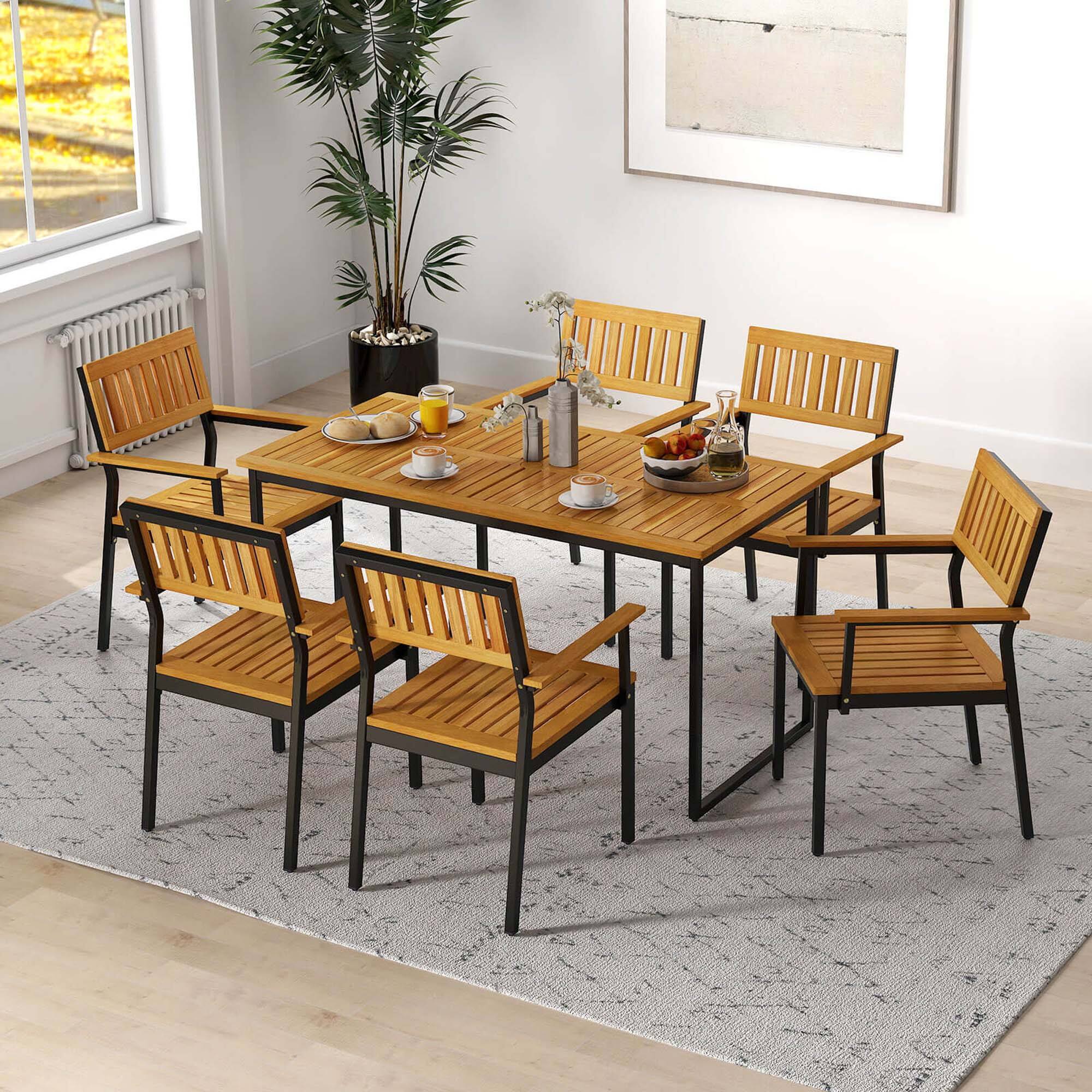 Back. Costway - Dining Chair Set of 2 with Acacia Wood Backrest Slanted Seat Comfortable Armrests - Natural + Black.