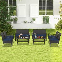 Gymax - 8 Pieces Outdoor Patio PE Wicker Sofa w/ Tempered Glass Coffee Table for Porch & Backyard - Mix Brown, Navy Blue