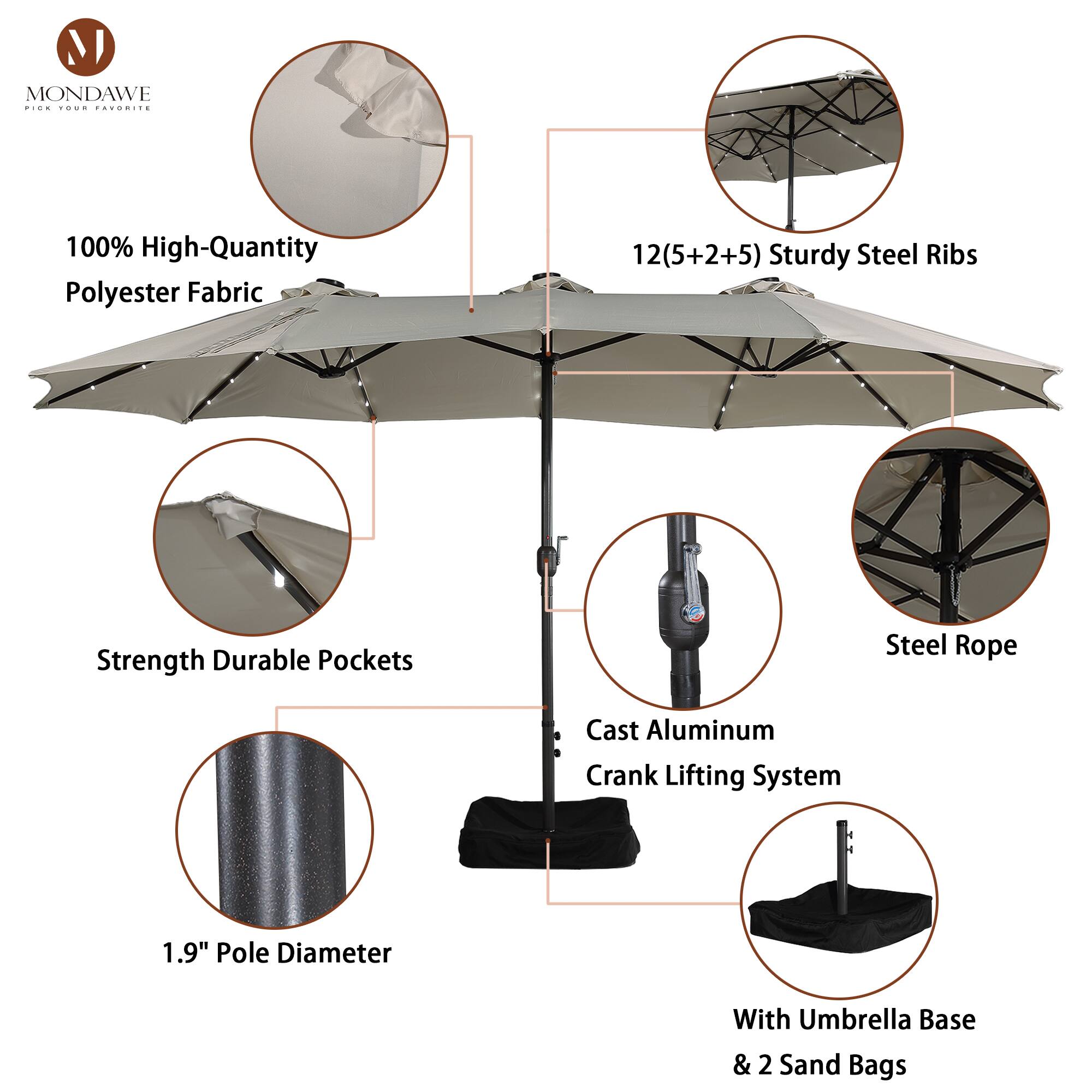 MONDAWE  
PICK YOUR FAVORITE  

100% High-Quantity Polyester Fabric  
12(5+2+5) Sturdy Steel Ribs  
Strength Durable Pockets  
Steel Rope  
Cast Aluminum Crank Lifting System  
1.9" Pole Diameter  
With Umbrella Base & 2 Sand Bags