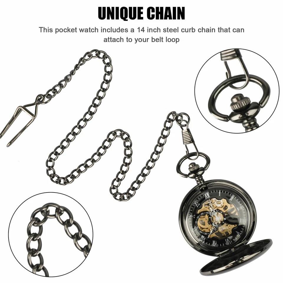 UNIQUE CHAIN

This pocket watch includes a 14 inch steel curb chain that can attach to your belt loop