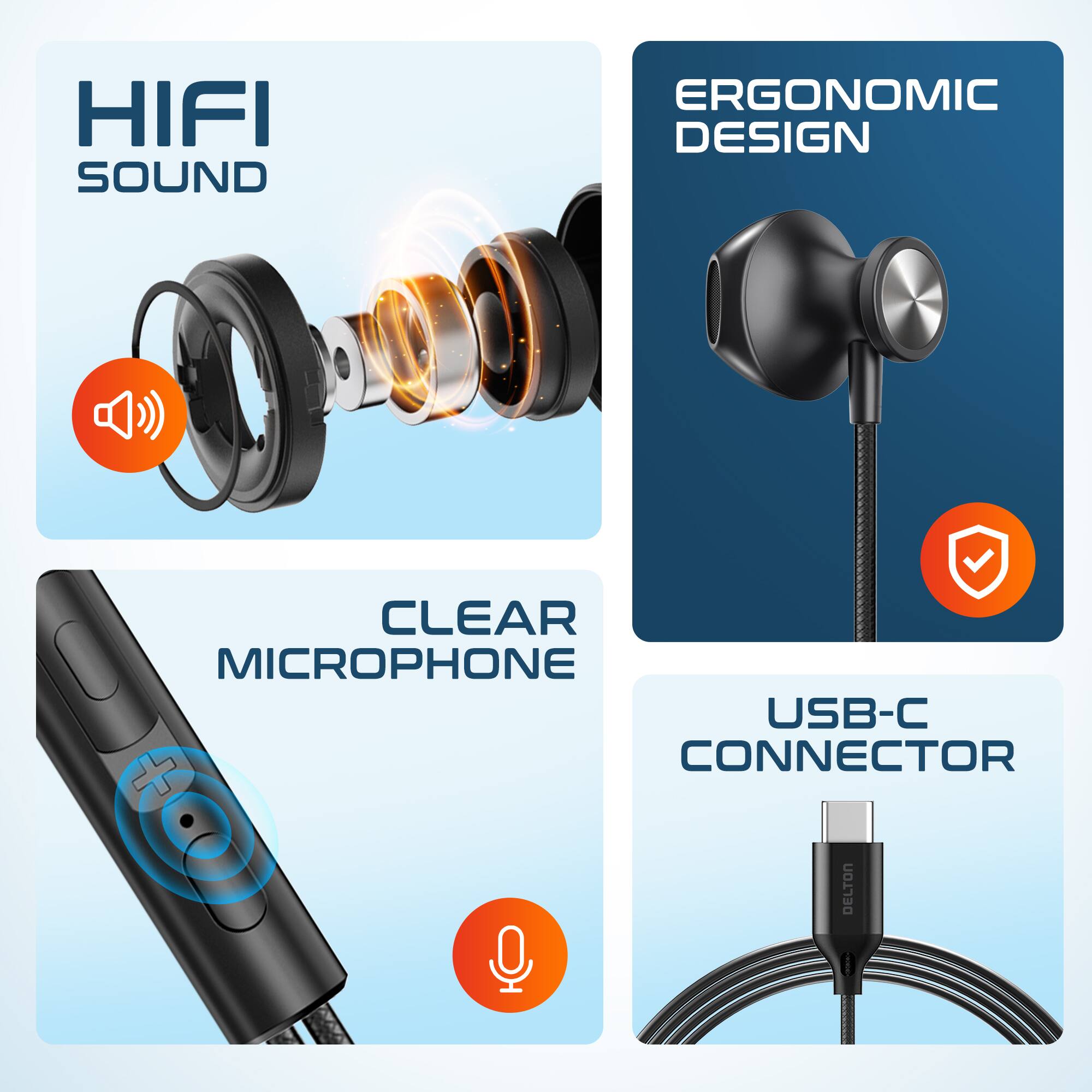HIFI SOUND, ERGONOMIC DESIGN, CLEAR MICROPHONE, USB-C CONNECTOR