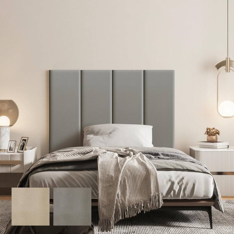 Front. wowmax - Peel & Stick Faux Leather Headboard - Waterproof 3D Wall Panel for Twin Bed, 35.4x11.8", Grey (4-Pack) - Grey.