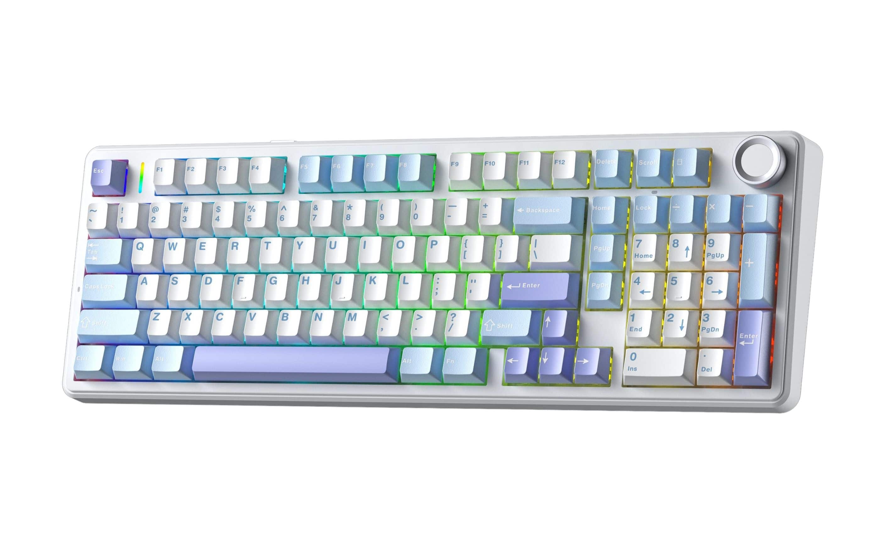 AULA - F99 Pro 99-Key Wireless Mechanical Gaming Keyboard, RGB, Tri-Mode, Hot-Swappable, Knob, Compact 96%, 8000mAh, Numpad - White Blue Purple
