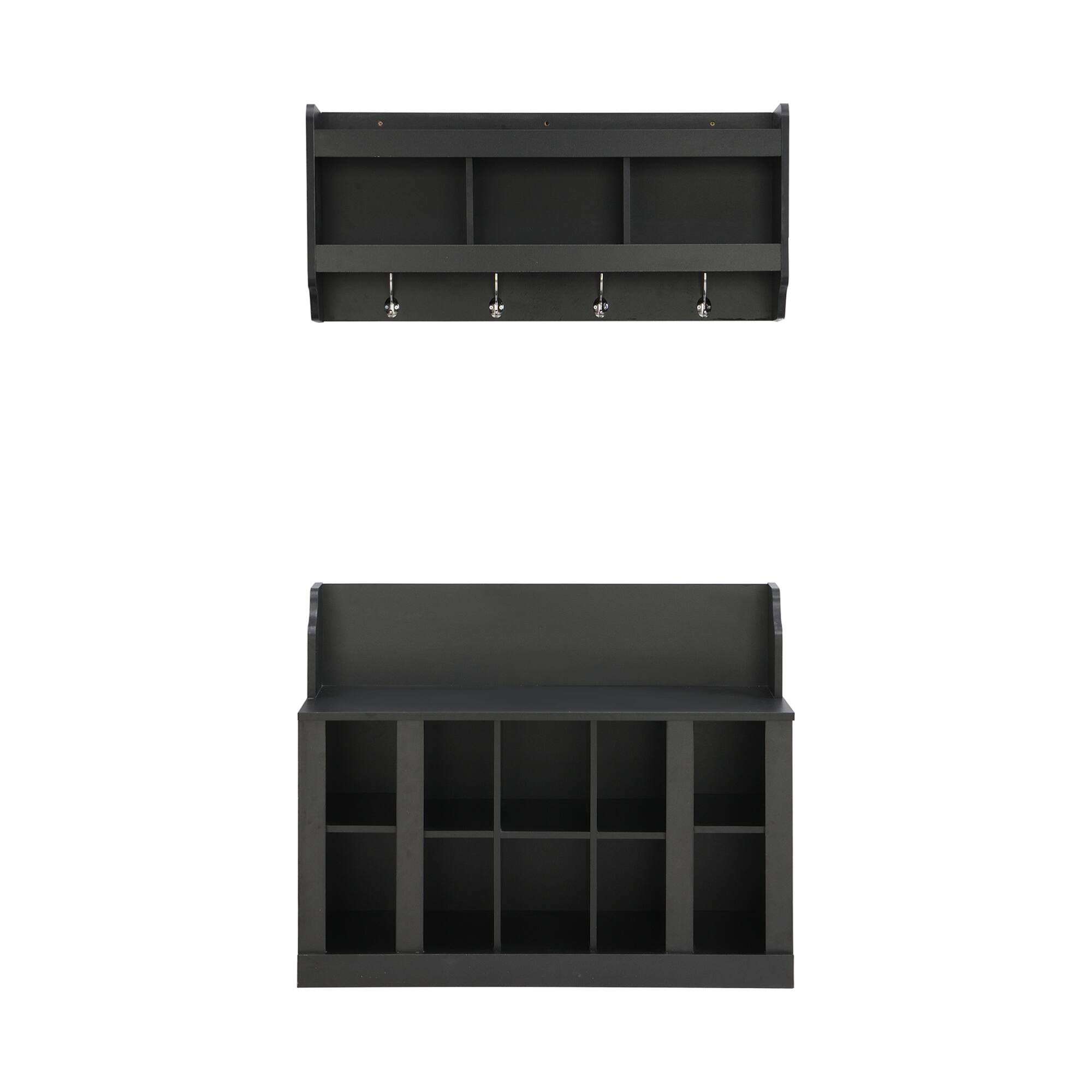 Alt View 4. GOODSILO - Modern Shoe Storage Bench with Adjustable Shelves and Wall-Mounted Coat Hooks for Organized Entryway - Black.