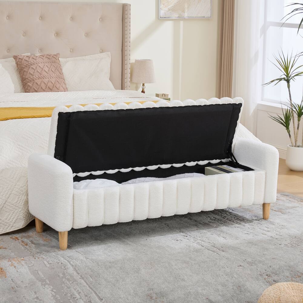 Alt View 3. Ropilly - Ropilly Modern Upholstered End of Bed Bench Teddy Fabric Flip Top Storage Bench with Armrests Ivory - Ivory.