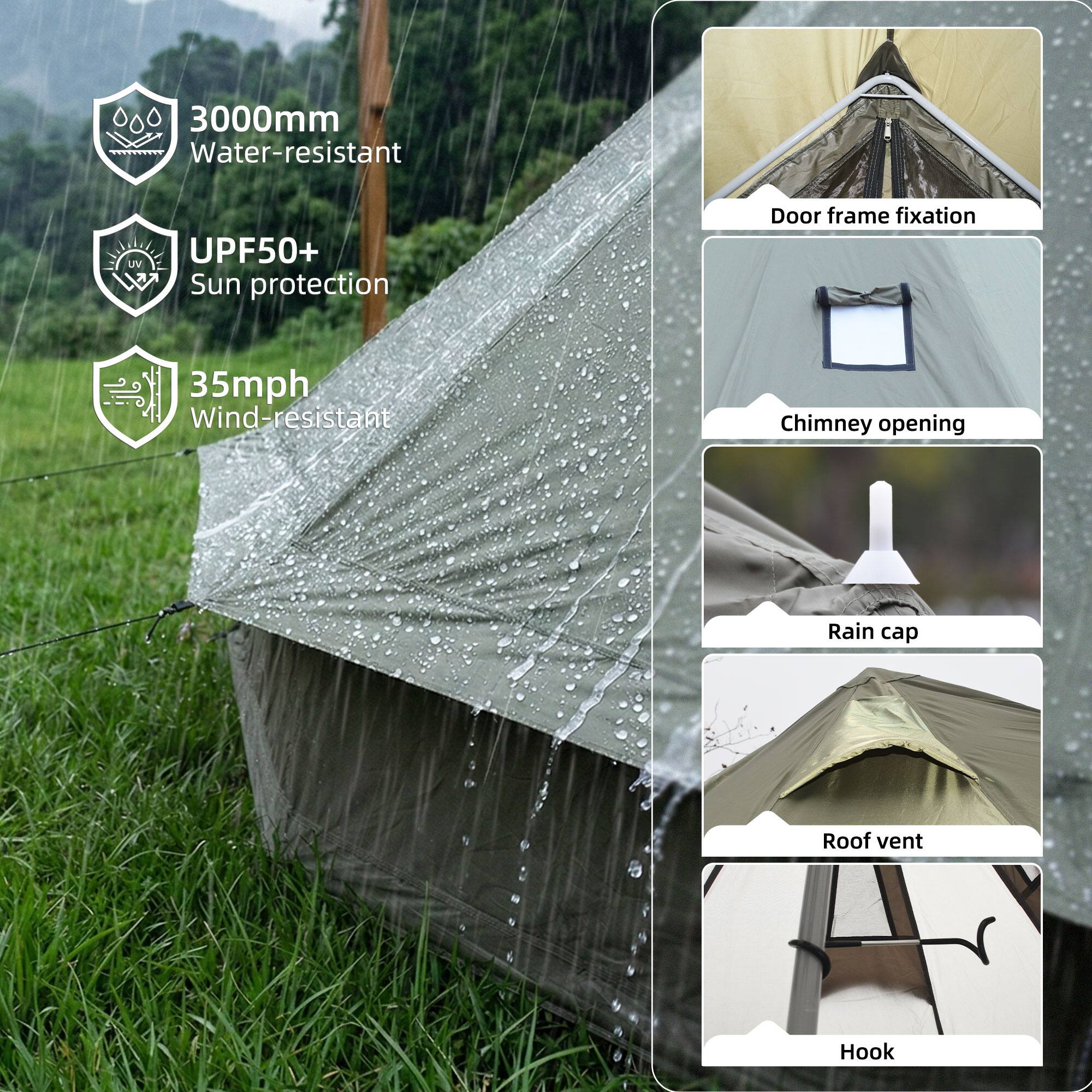 3000mm Water-resistant UV UPF50+ Sun protection  
35mph Wind-resistant  
Door frame fixation  
Chimney opening  
Rain cap  
Roof vent  
Hook