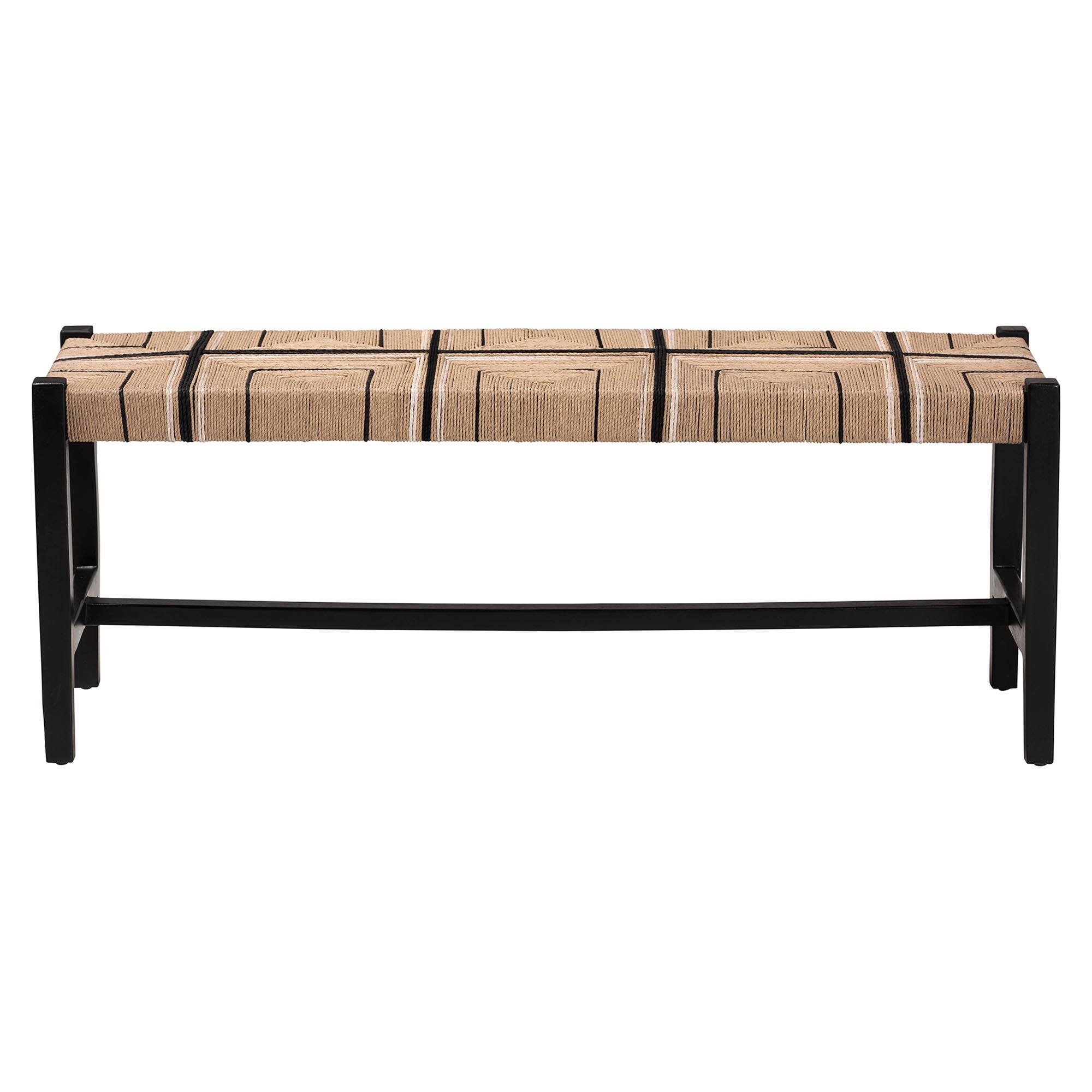 Angle. bali & pari - Prita Woven Paper Loom Bench with Mahogany Wood Frame - Handcrafted Accent Seating, Black - Brown/Black.