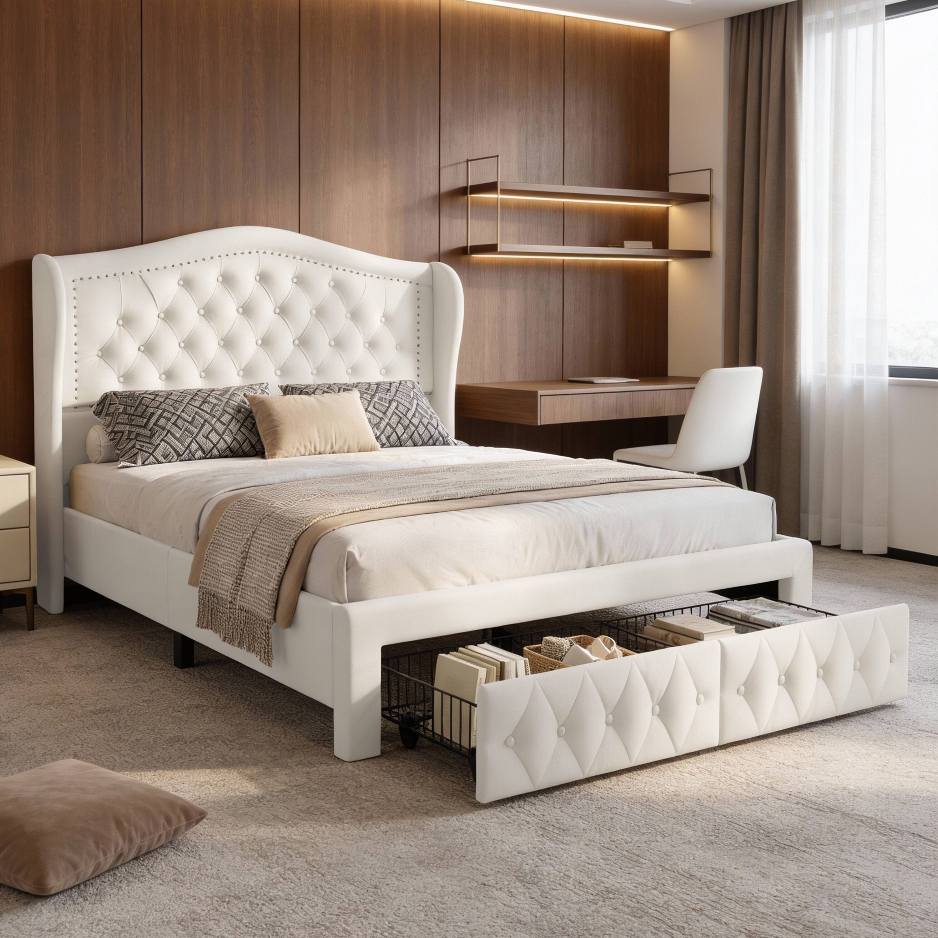 Left. Vipbear - Queen Upholstered Platform Bed Frame with 2 Storage Drawers & 52.6" Tall Headboard, No Box Spring Needed - beige.