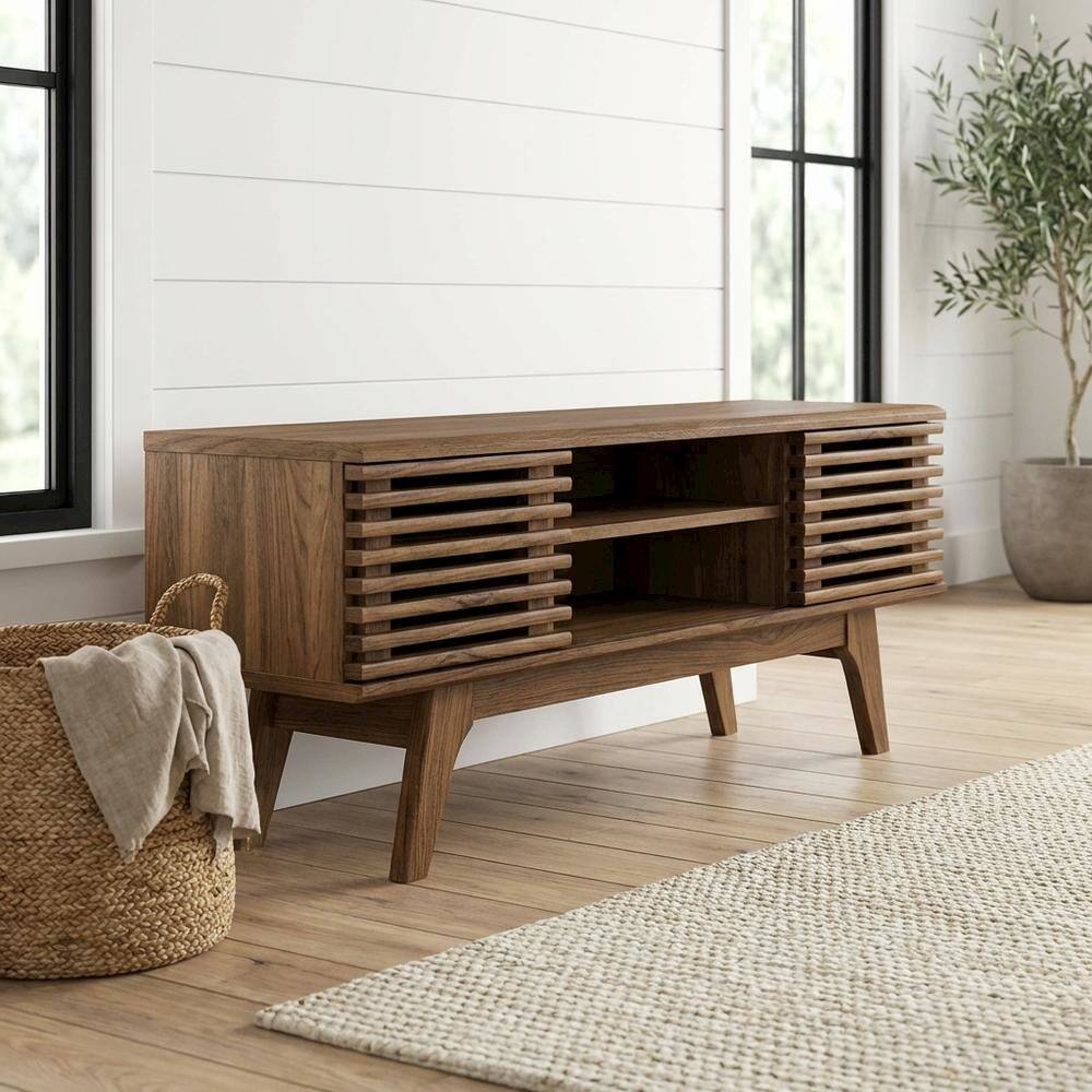 Angle. FurniFact - Wooden brown media console, 46-inch top, sturdy legs, modern living spaces - Brown.