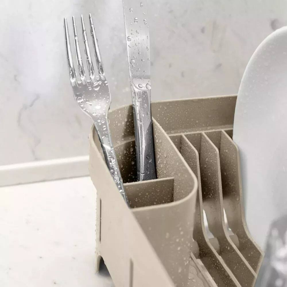 Left. OU - OU Kitchen Sink Organizer 3pc Set, Dish Rack, Cutlery Drainer & Soap Dispenser Caddy w Sponge Holder - Beige - Beige.