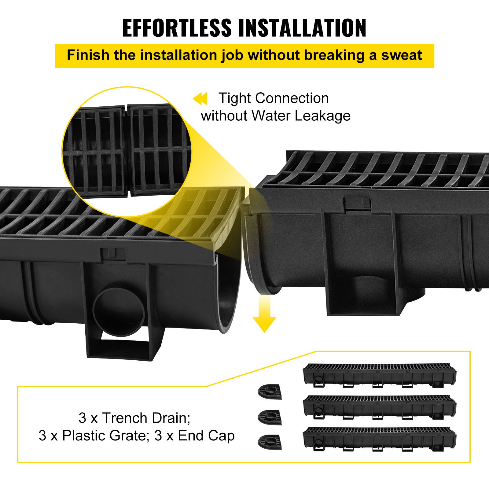 EFFORTLESS INSTALLATION  
Finish the installation job without breaking a sweat  

Tight Connection without Water Leakage  

3 x Trench Drain;  
3 x Plastic Grate;  
3 x End Cap